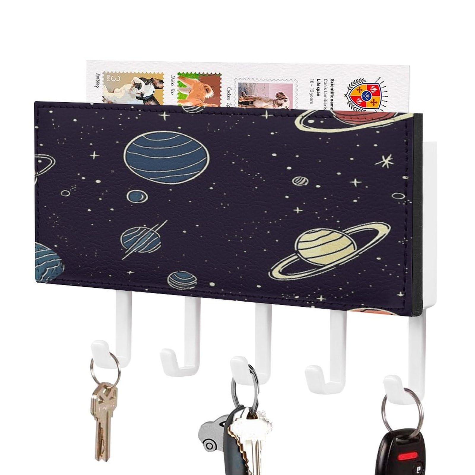 FekiLoot Space Planet Pattern Key Holder for Wall Decorative Mail Organizer with 5 Key Hook Self Adhesive Key Rack with Tray Coat Rack Wall Mount Key Hanger Decor for Entryway Door
