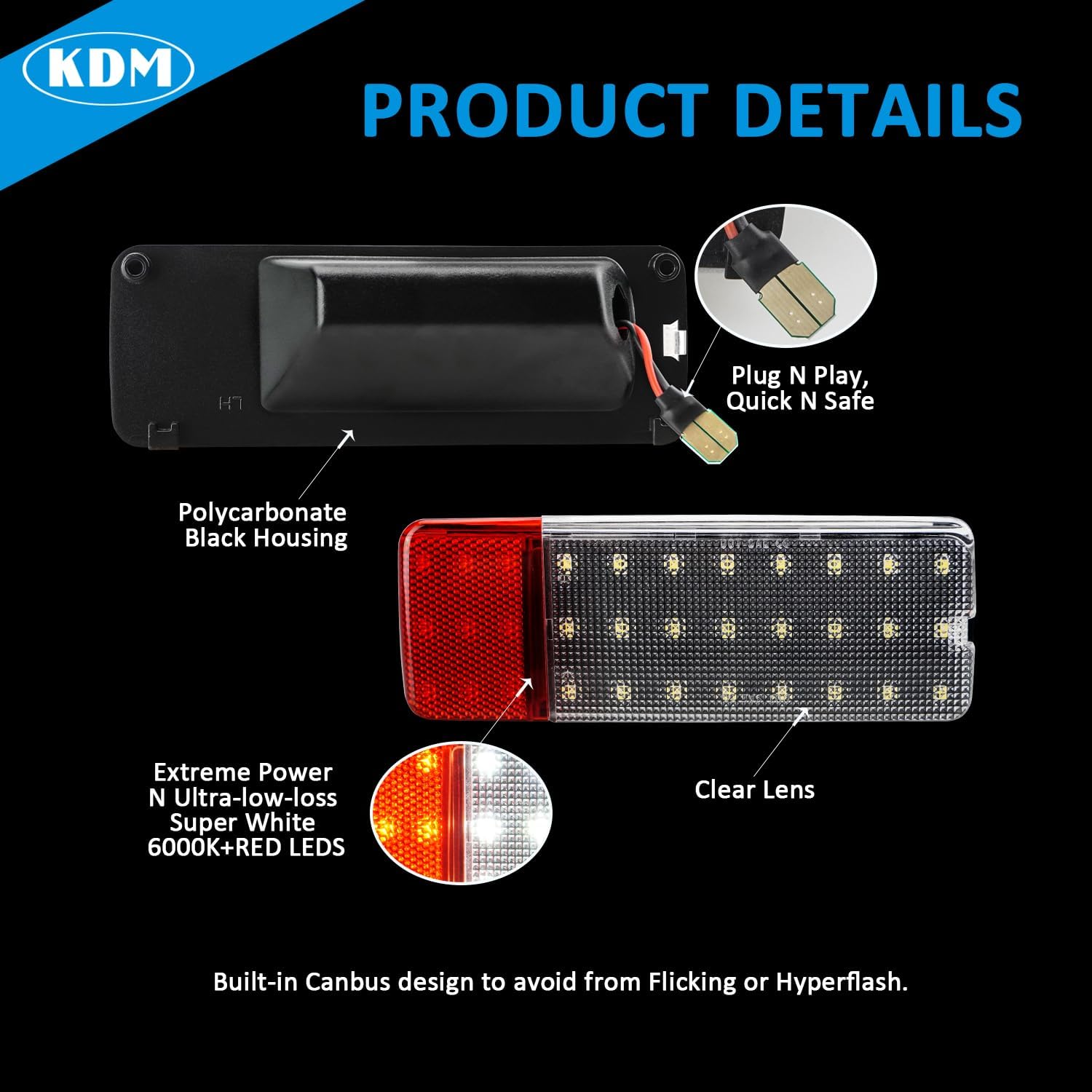 KDM LED Interior Door Panel Courtesy Light Assembly Fit for 1992-1996 Ford F150 F250 Bronco,1992-1997 F350,6000White with Red Door Warning Footwell Lamp,2Pack