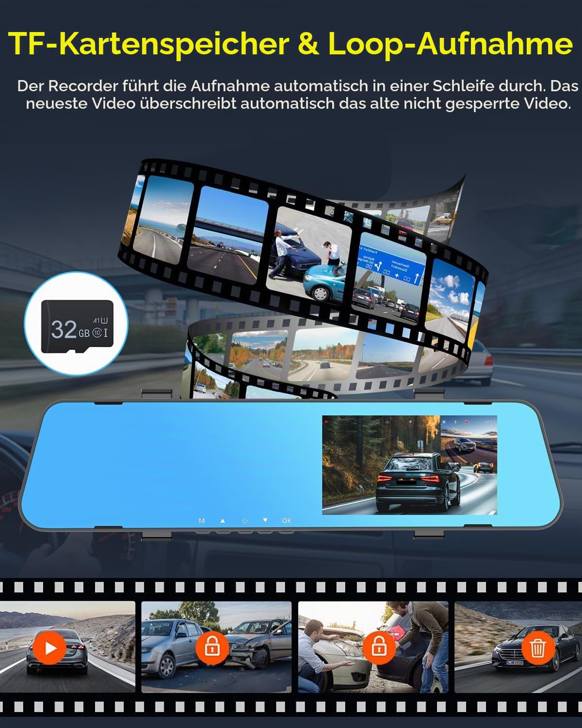 NHOPEEW 1080P Spiegel-Dashcam mit 4,5-Zoll-Bildschirm, Front- und Rückkamera, Loop-Aufzeichnung, Parkhilfslinien, Nachtsicht, Belichtungssteuerung, Plug & Play, 32 GB Karte
