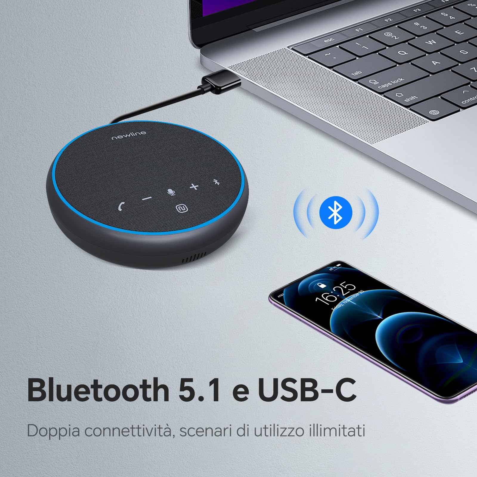 N newline Altoparlante per Conferenze Microfono Bluetooth USB per Pc, cancellazione del rumore, ripresa vocale a 360°43 ore di standby, compatibile con Zoom, Teams, Skype, Home Office