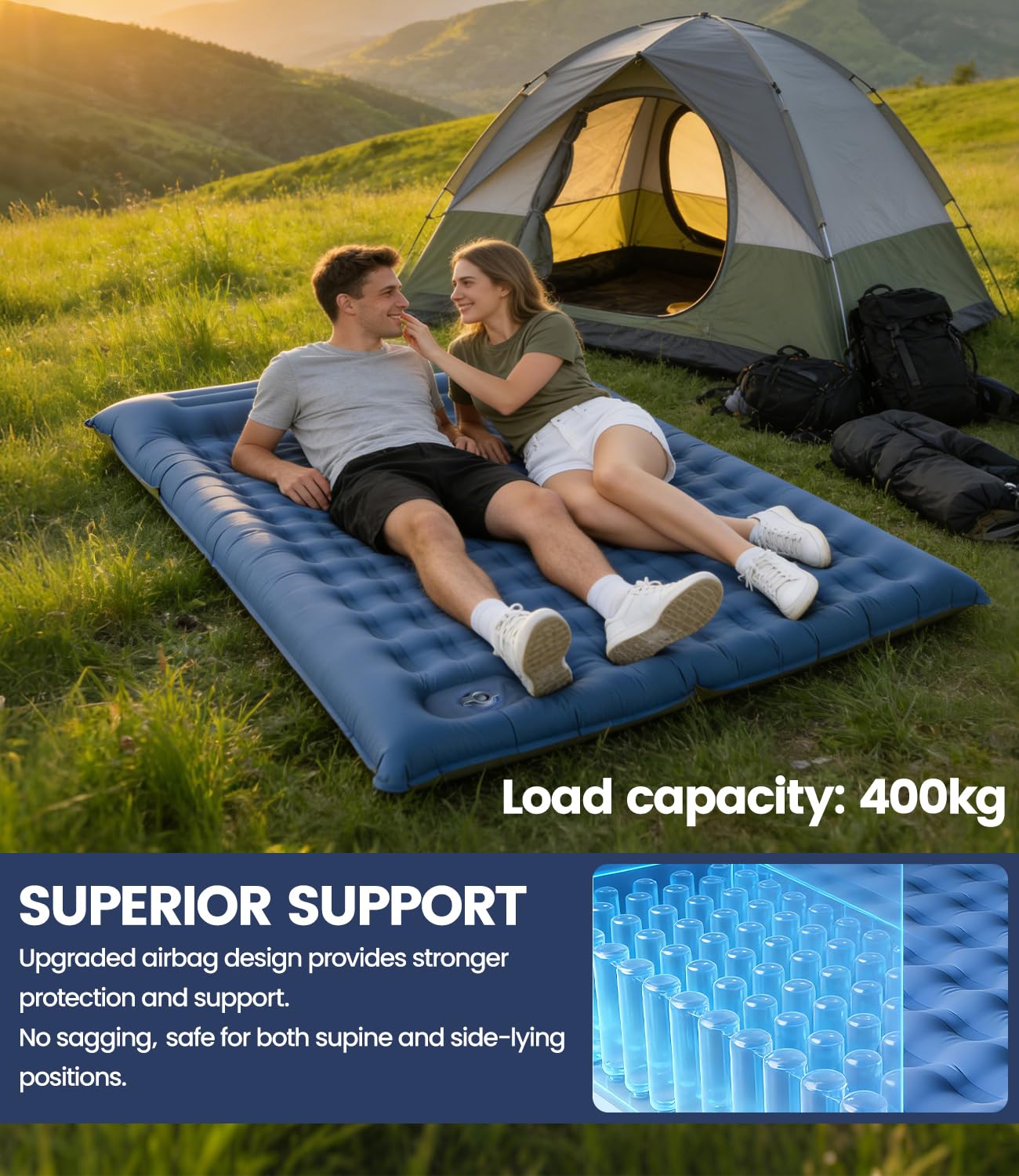 Colchoneta doble para 2 personas, 195 x 134 cm, perfecta para parejas y familias, camping familiar, festivales y cama de invitados, 10 cm de grosor, función de inflado