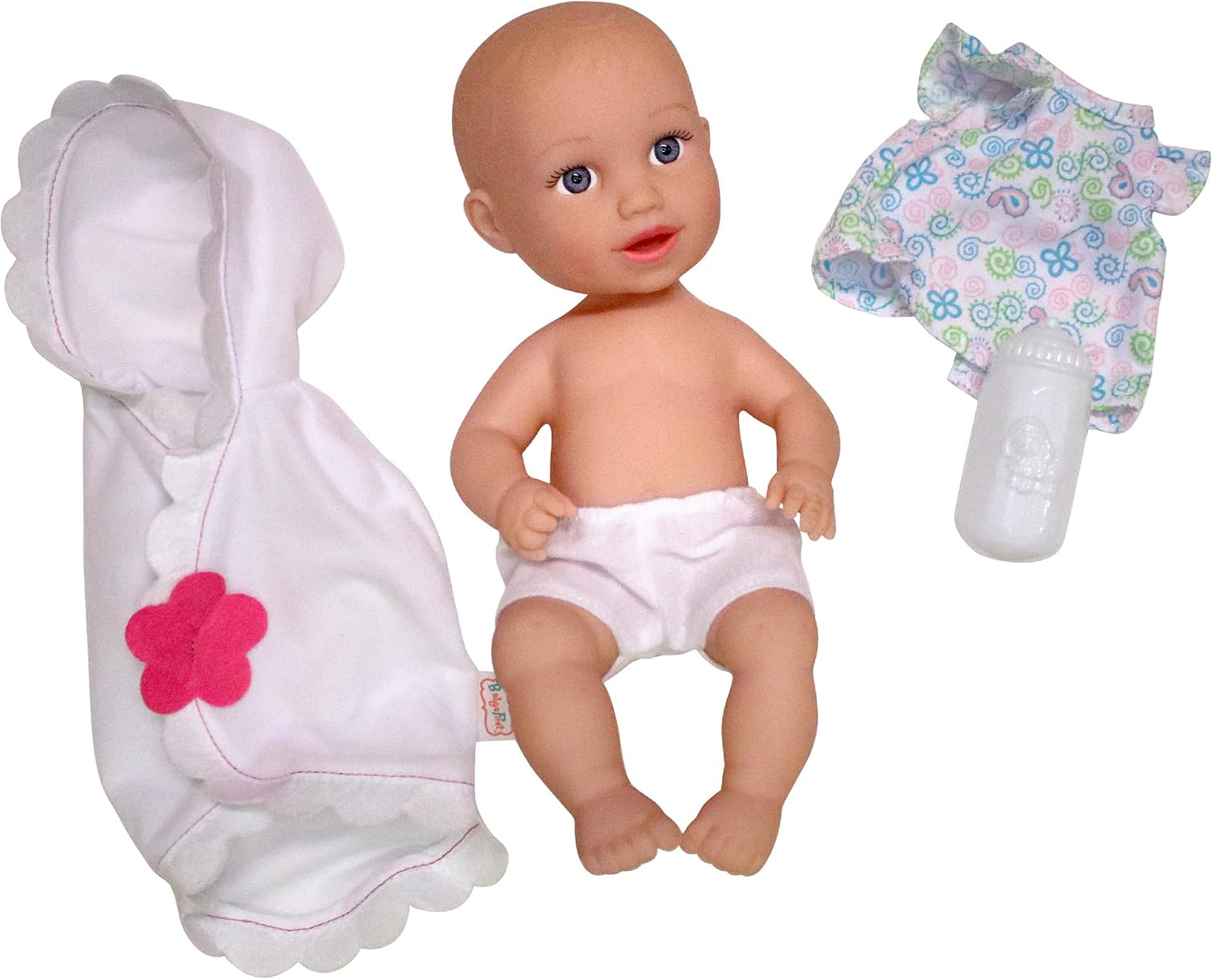 Goldberger Baby's First: 13" Skin-So-Soft Playful Bathtime Baby Softina - White Bath Blanket with Pink Flower - Bath Time Doll, 4 Accessories Pieces, Toddler-Kids 2+