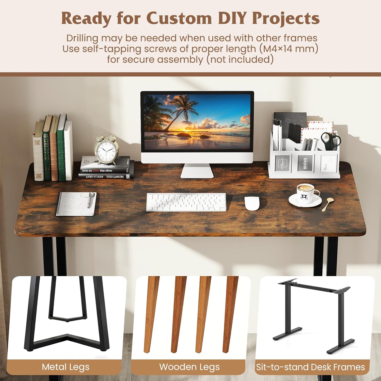 Giantex Universal Wood Table Top, 48 x 24 inch One-Piece Desktop & Sit to Stand Height Adjustable Home Office Desk Frame, Rectangular Workbench Top Board, Countertop DIY, Coffee Bar Tabletop, Brown