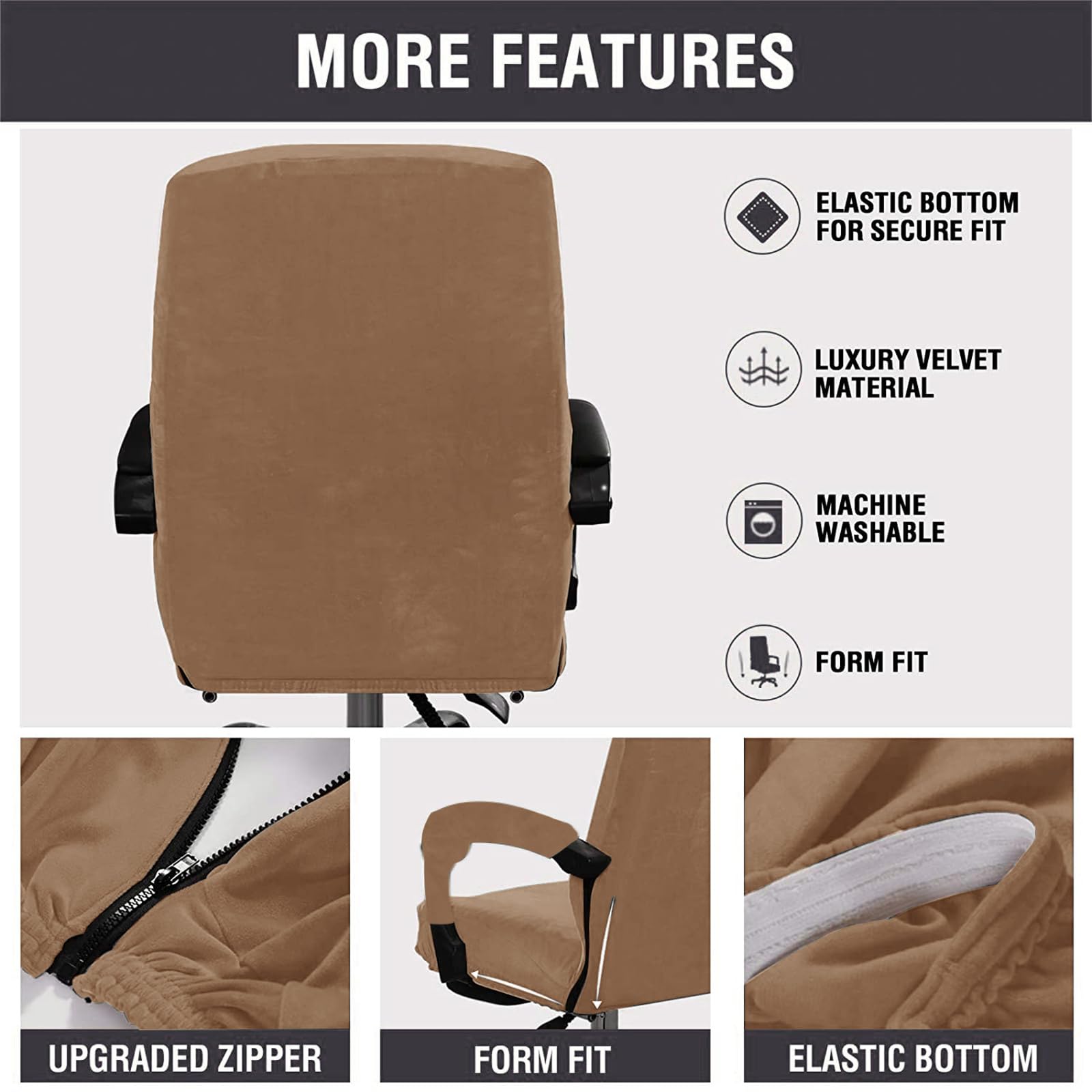 Housse de Chaise de Bureau avec Accoudoir Peluche Velours Couleur Unie,Housse pour Chaise Tissu élastique Amovible et Résistante pour Fauteuil de Bureau Rotatif Chaise,Marron,XL