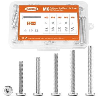 M6 x 40mm 45mm 50mm 55mm 60mm Flat Round Head Hex Socket Cap Screws Bolts, Furniture Screws, 304 Stainless Steel, Metric Fully Threaded, Allen Hex Drive, Bright Finish, Assortment Kit 25PCS
