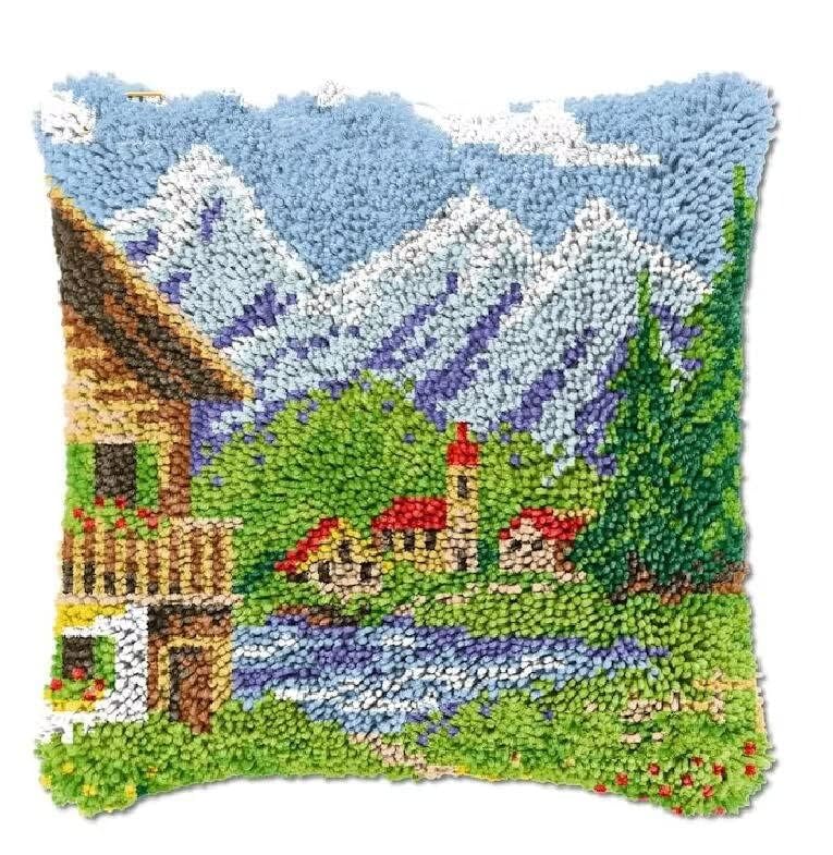 ROCKY&CHAO Snow Mountain 43x43cm Latch Hook Kit for Adults & Kids DIY Cushion Making Craft Kits with Yarn & Canvas and Crochet Needle, Latch Hook Pillow Cover Adult Craft Kits Home Decor for Women — image 1