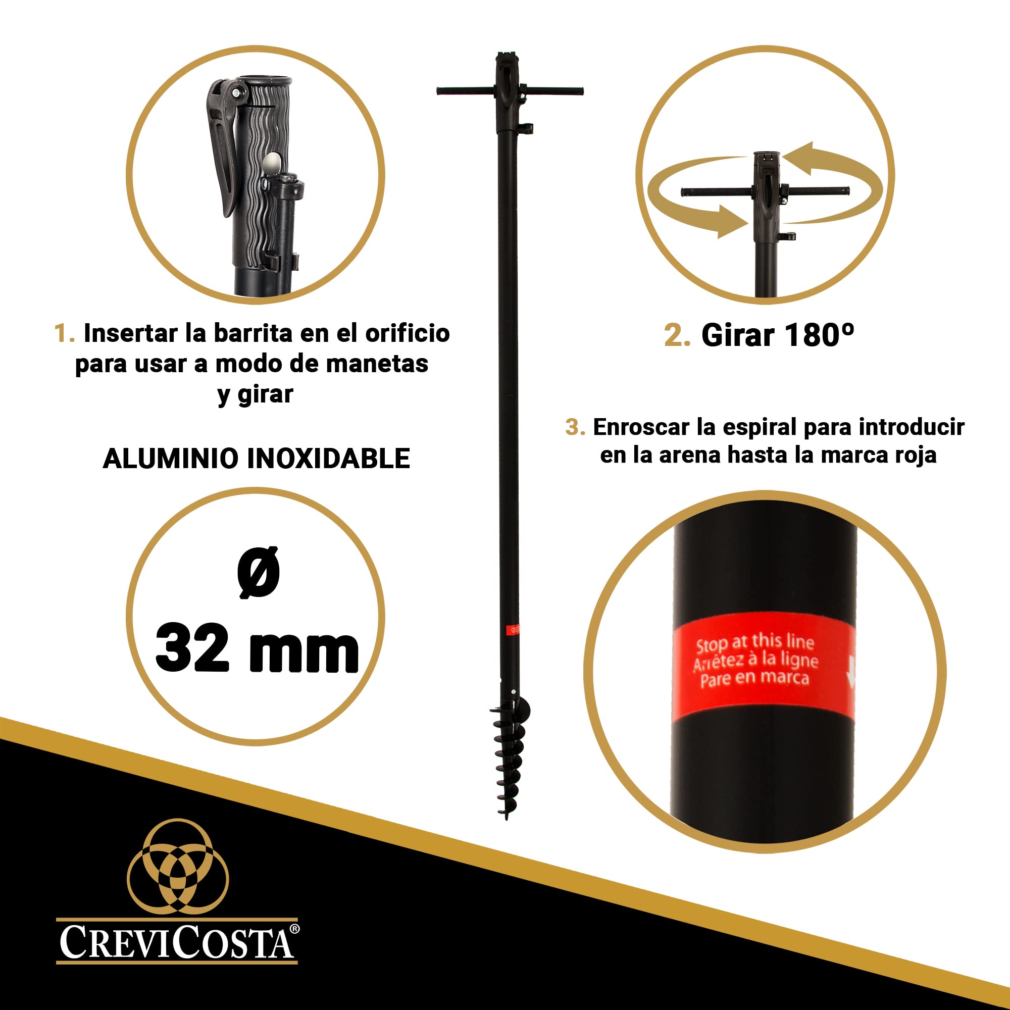 CREVICOSTA QUALITY MARK MARCAS DE CALIDAD - Sombrilla 220 cm con Espiral y Poste de Recorrido Total. Protección total contra los Rayos UV. 8 Varillas