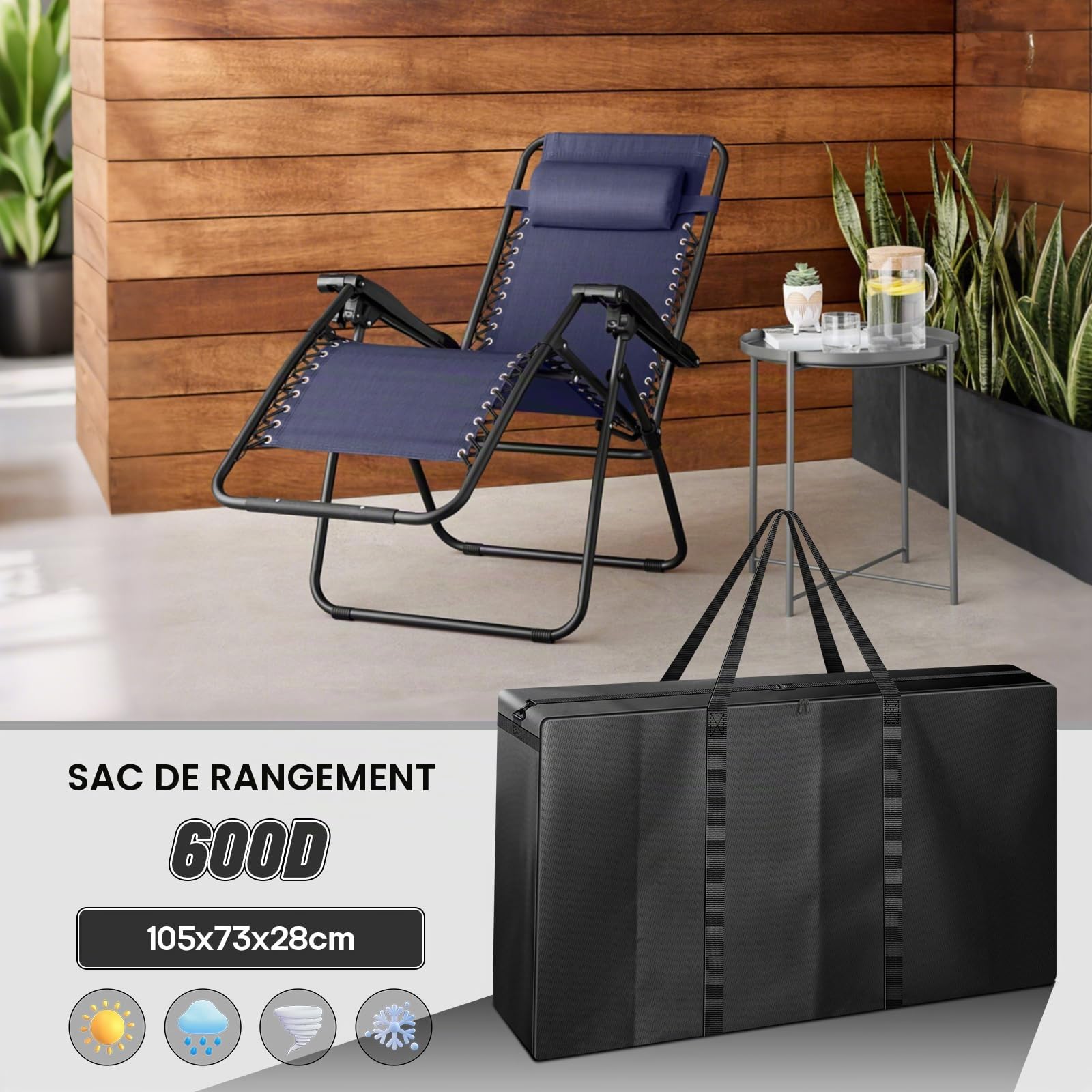 Grand sac de rangement pour chaise de jardin, 600D, 105 x 73 x 28 cm, housse de transport pour chaises longues, coussins de meubles, table de camping, pliable, tables pliantes, chaises