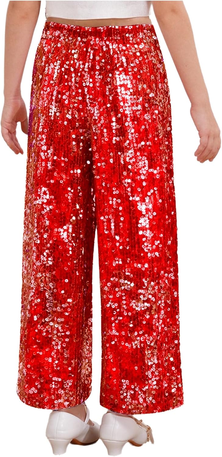TiaoBug Girls Sequin Pants Sparkle Disco Pants Hip Hop Trousers Dance Outfits Streetwear 6-14 Years
