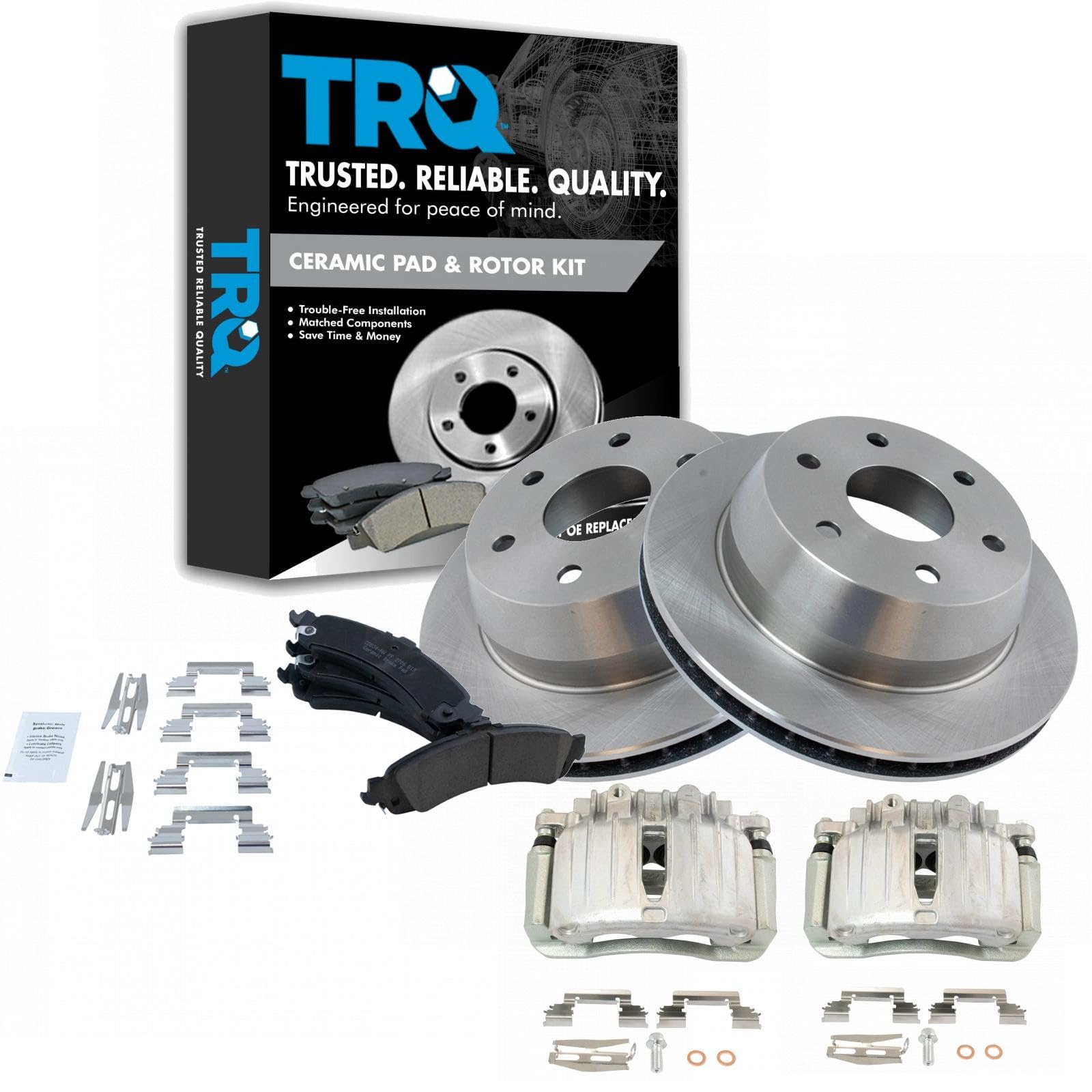 TRQ Rear Brake Rotors Premium Posi Ceramic Pads &amp; Caliper Kit for GM Truck