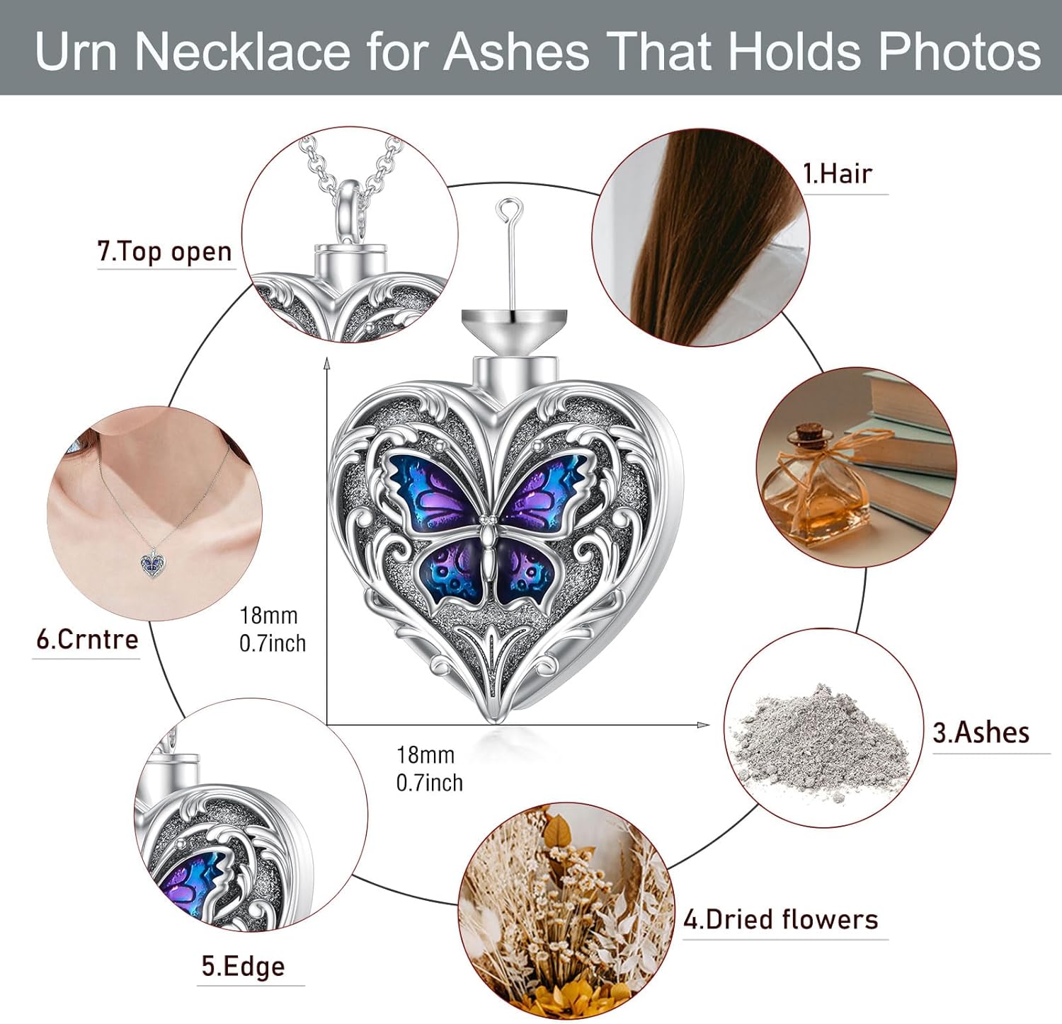 SOULMEET Heart Shape Butterfly Urn Necklace for Ashes, Sterling Silver Blue Morpho Butterfly Ashes Locket Necklace, Memorial Keepsake Gift