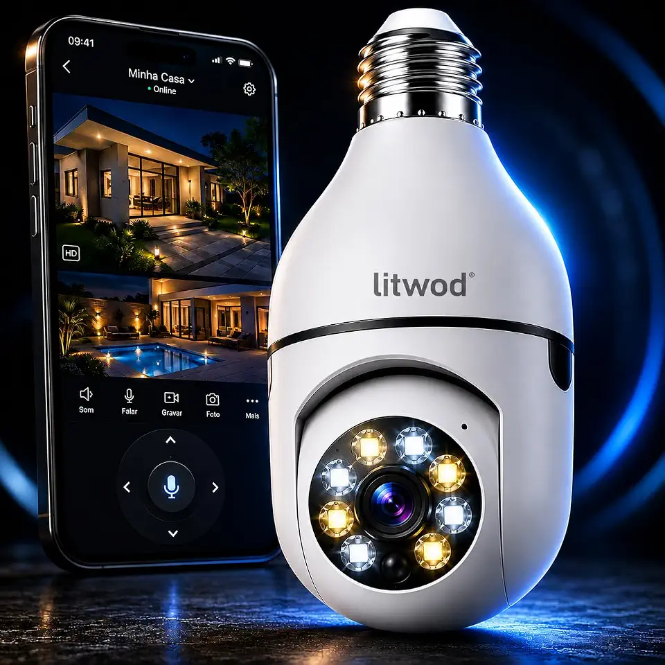 Câmera de Segurança WiFi Lâmpada Litwod Full HD 1080p 360° Visão Noturna Colorida com Áudio Bidirecional, Detecção de Movimento, App em Português, Soquete E27 Bivolt, Certificação Anatel