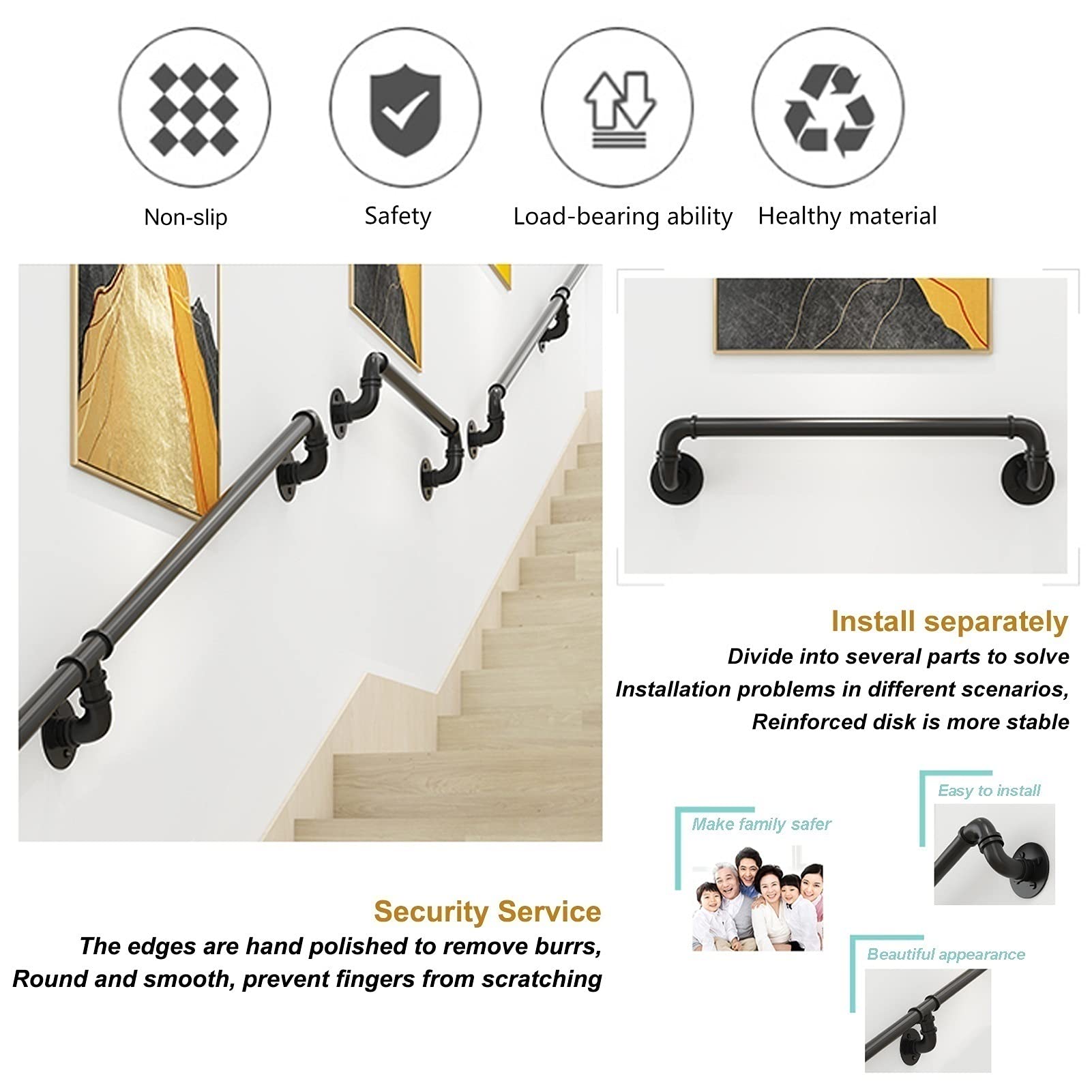 Kit de barra de agarre de metal negro para escaleras, montaje en pared, hierro forjado, 150 cm