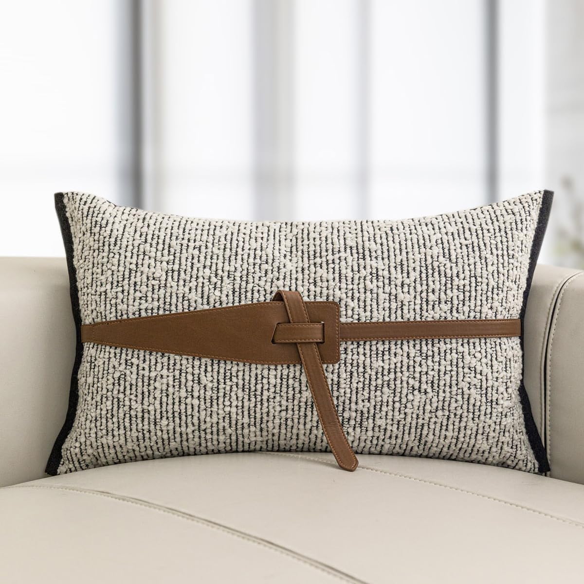 Croker Horse 12x20'' Inches Throw Lumbar Pillow Cushion Covers - Rectangular with PU Leather Belt Couch Sofa Waist Pillow Cover for Living Room Bedroom (Beige)
