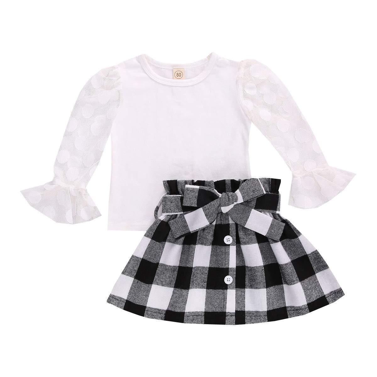 Toddler Baby Girl Fall Clothes Mesh Flared Long Sleeve T-Shirts Tops Plaid Skirts Christmas 2pcs Outfit Set (White, 5-6 Years) …