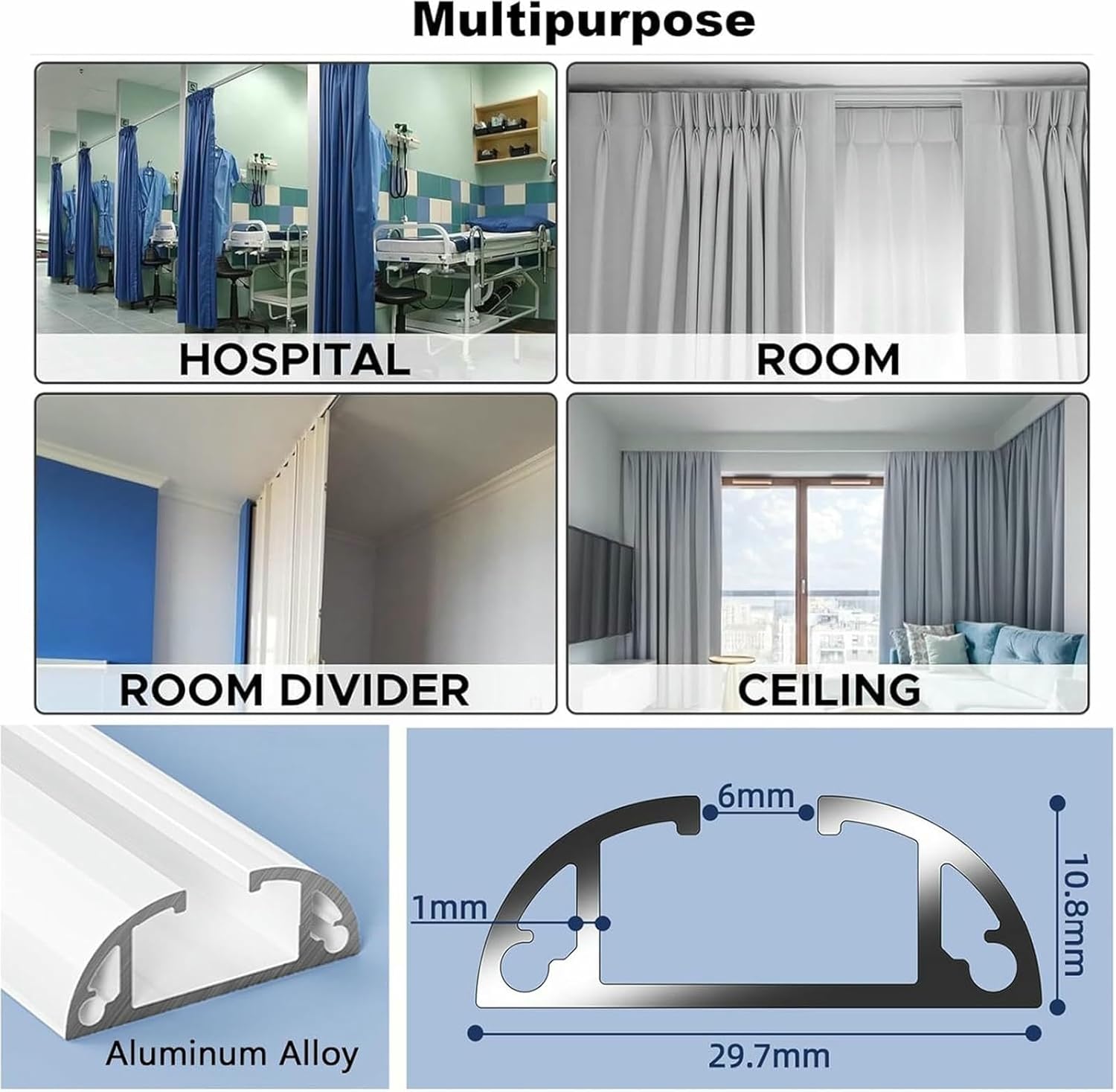 Curtain Rails Track for Window Living Room, Bedroom, Bathroom, Room Dividers, Heavy Duty Aluminium, Ceiling Mount/Wall Mount