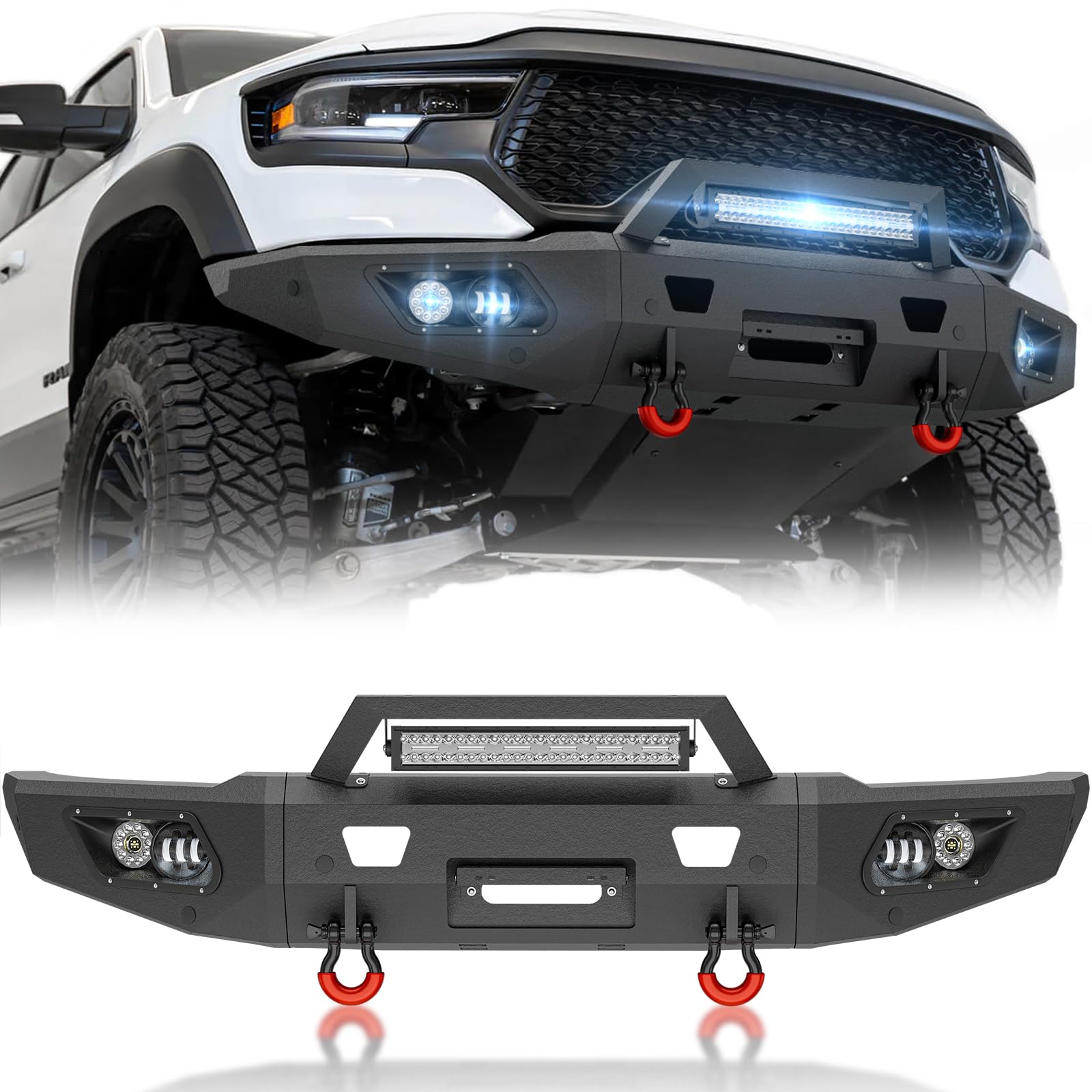 Pickup Truck Front Bumper Compatible with 2021 2022 2023 2024 Dodge Ram 1500 TRX with Winch Plate, 5 x LED Lights, License Plate Frame, Sensor Mounting Holes & D-rings, Black