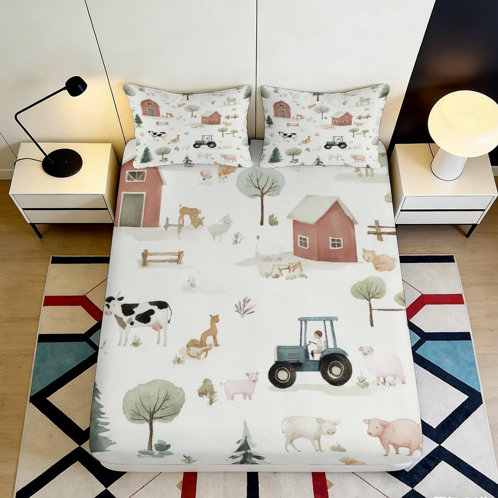 3D Printed Farm Animal Tractor Fitted Sheet Microfiber Soft Beige Green Barn Mattress Cover Bedroom Dorm Decor 160x200x25cm