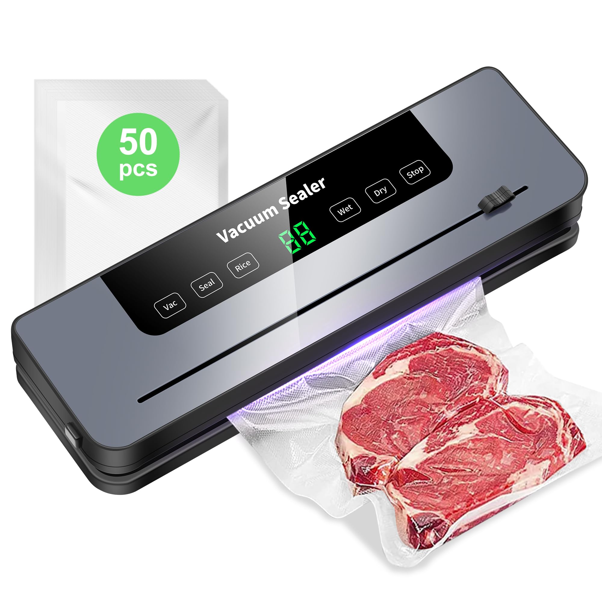Vakuumiergerät 7 in 1 Profi mit Cutter und Digitalem Countdown, 50 Vakuumierbeutel für Lebensmittelkonservierung