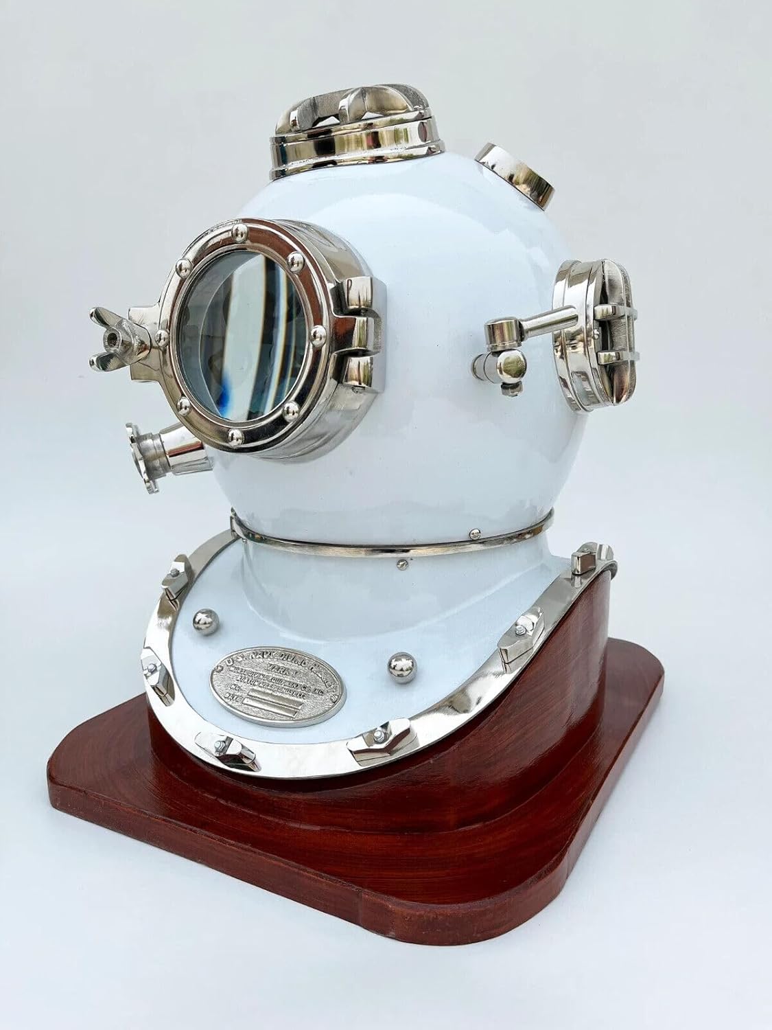 Vintage Diving Helmet, Metal and Glass, with Wooden Base