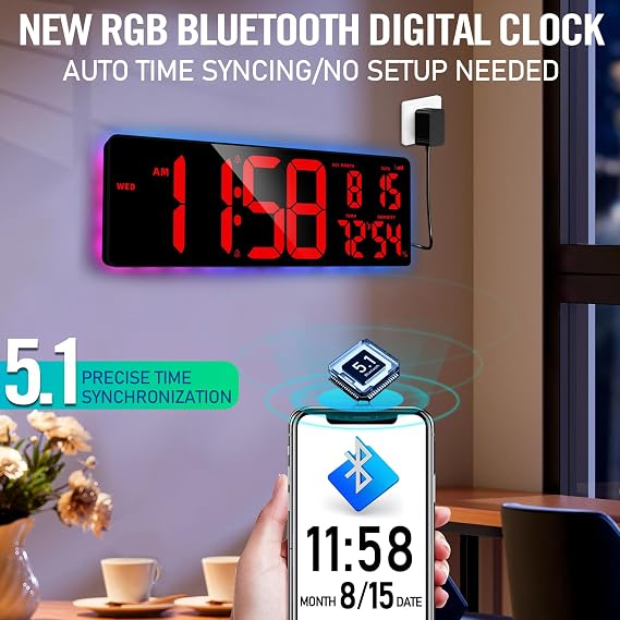 TXL 16.5 Bluetooth Red Large LED Digital Wall Clock, Count Up/Down Timer Clock with Ambient Lighting, Adjustable Brightness Wall Clock for Home, Office, Gym, Elderly, Auto DST