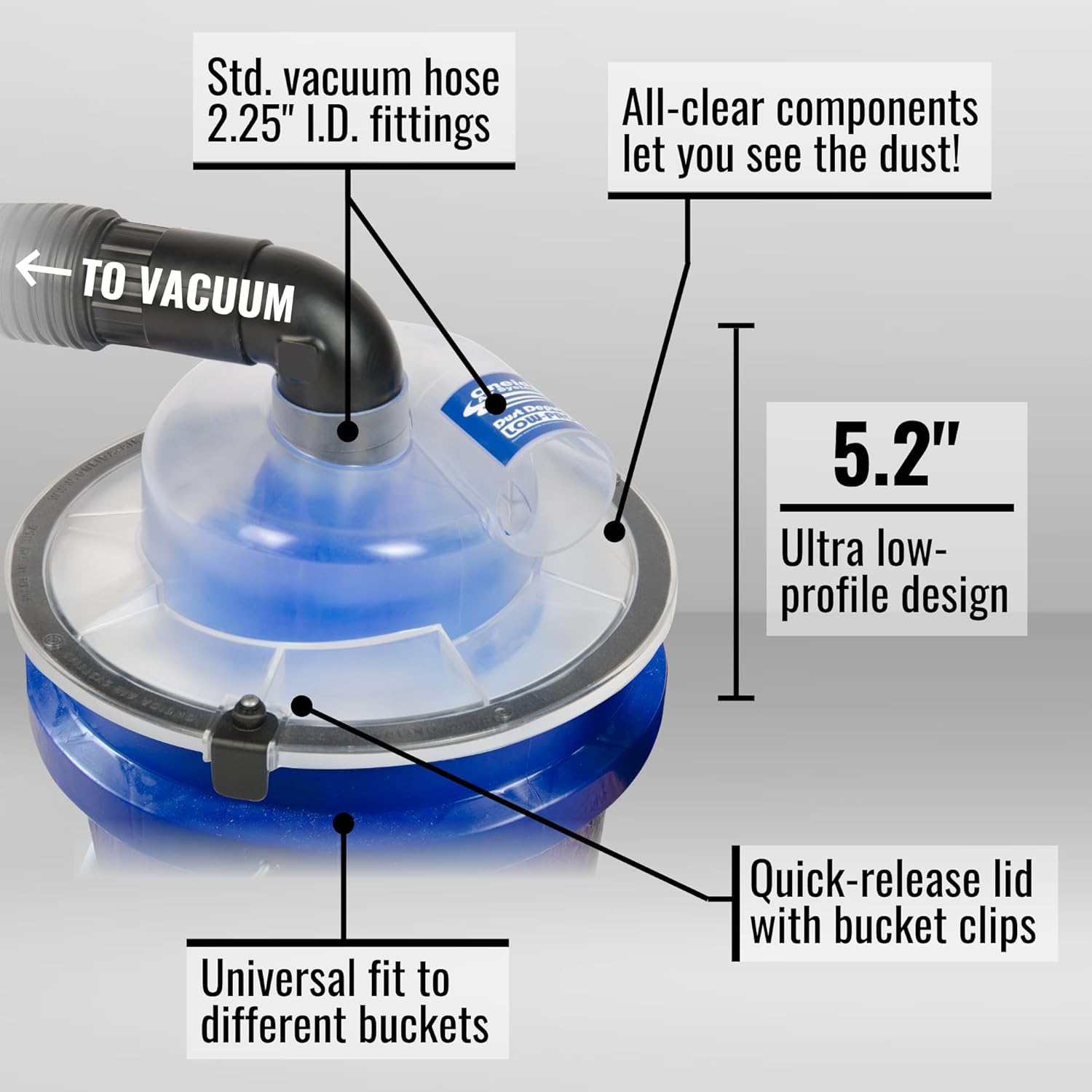 Dust Deputy Low-Pro Plus Cyclone Dust Separator – Engineered High Flow Wet/Dry Vacuum Kit – Fits Standard 5 Gallon Buckets – 2.5" Adapter & 3' Hose – Made in USA