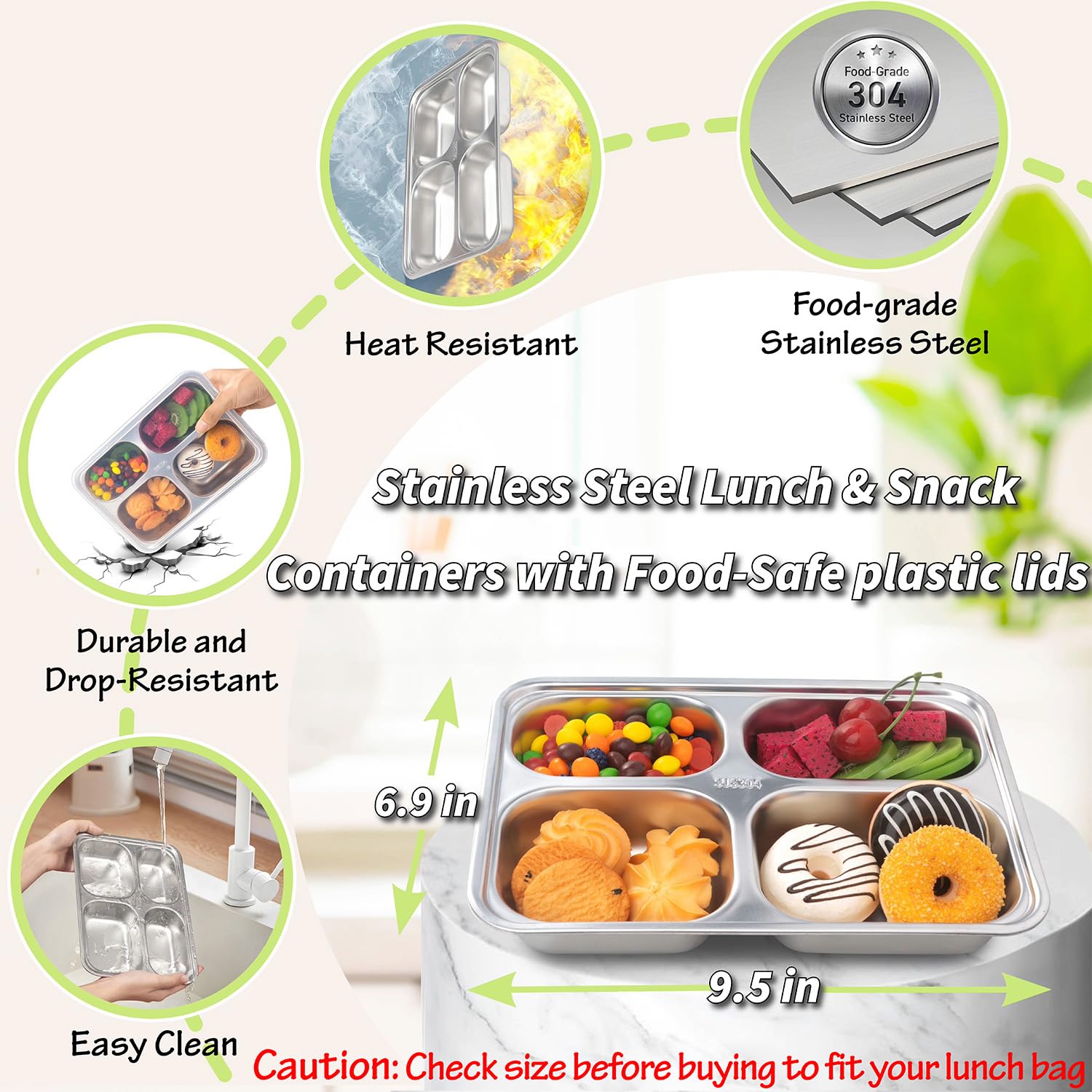 Stainless Steel Snack Containers with Lids - 3 Pack - 4 Compartments Bento Snack Boxes - Reusable Meal Prep Lunch Containers for Kids Adults - Divided Food Storage Container for School Home Travel