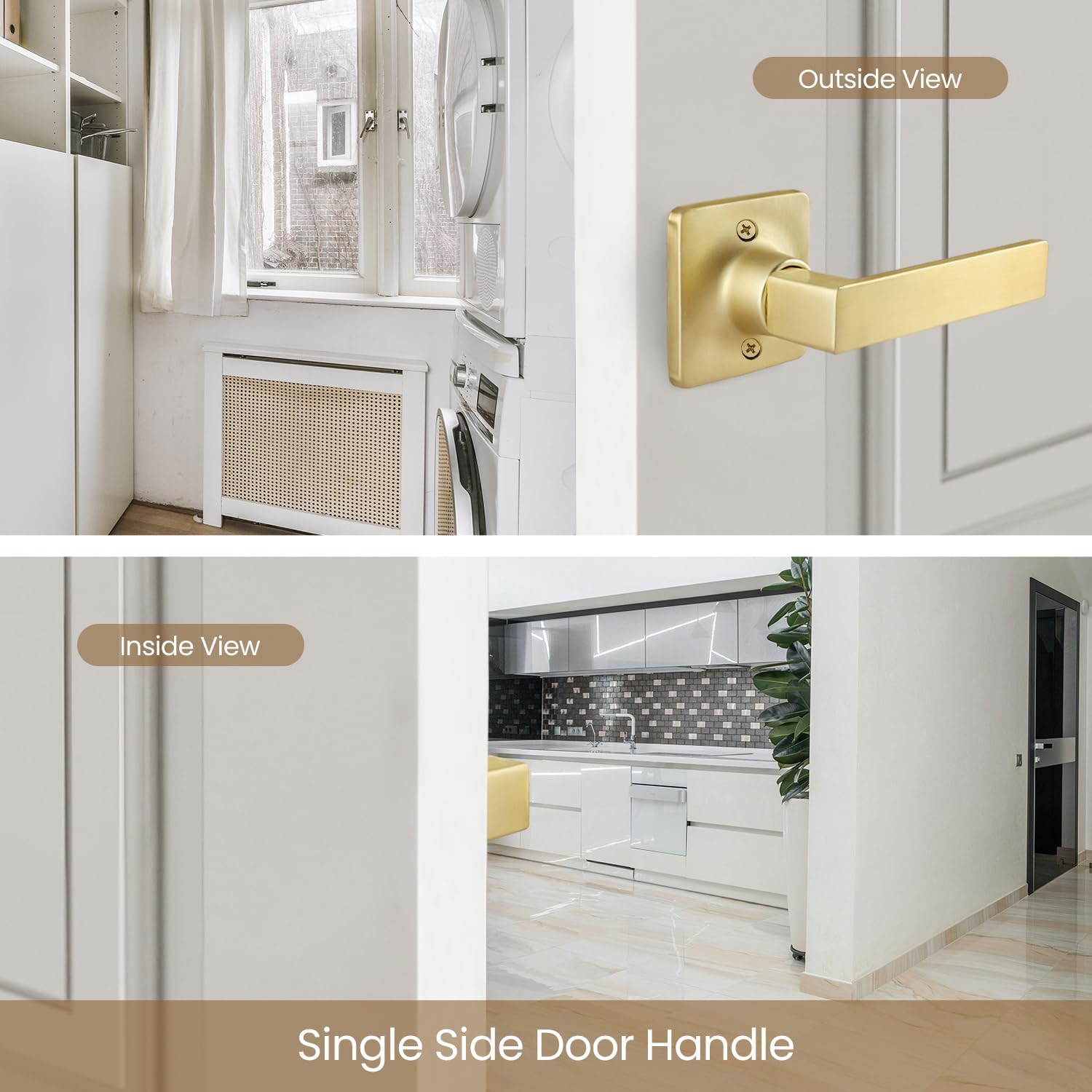 1 Pack Satin Brass Dummy Door Knobs, Interior Door Handles for Closet/French Doors, Pull Only Lever Set, Non-Turning, for Left Right Handed Doors, Modern Square Design