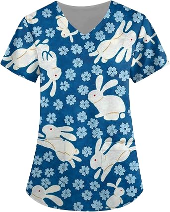 Easter Scrub Tops Women Plus Size Bunny Egg Hunt Print Short Sleeve V Neck Stretchy Holiday Nurse Working Uniform