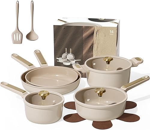 CAROTE Juego de utensilios de cocina de cerámica antiadherente, 14 ollas y sartenes antiadherentes, no tóxico y sin PFAS, lavavajillas, juego de