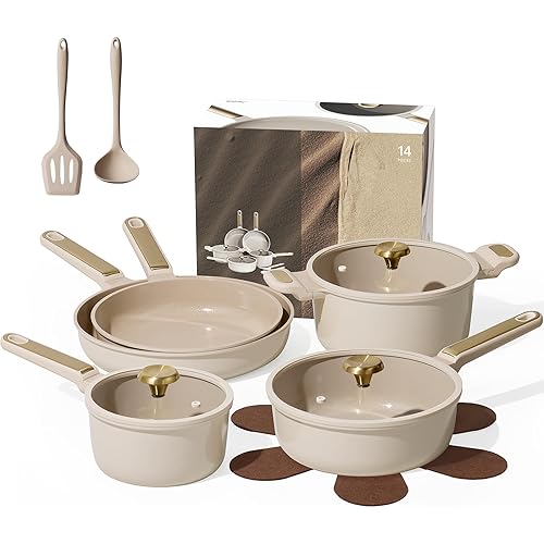 CAROTE Ceramic Cookware Set Nonstick, 14pcs Pots and Pans Set Nonstick, Non-Toxic & PFAS-Free, Dishwasher, RV/Camping Cookware Set, Cooking Pots with Lids, Light Taupe