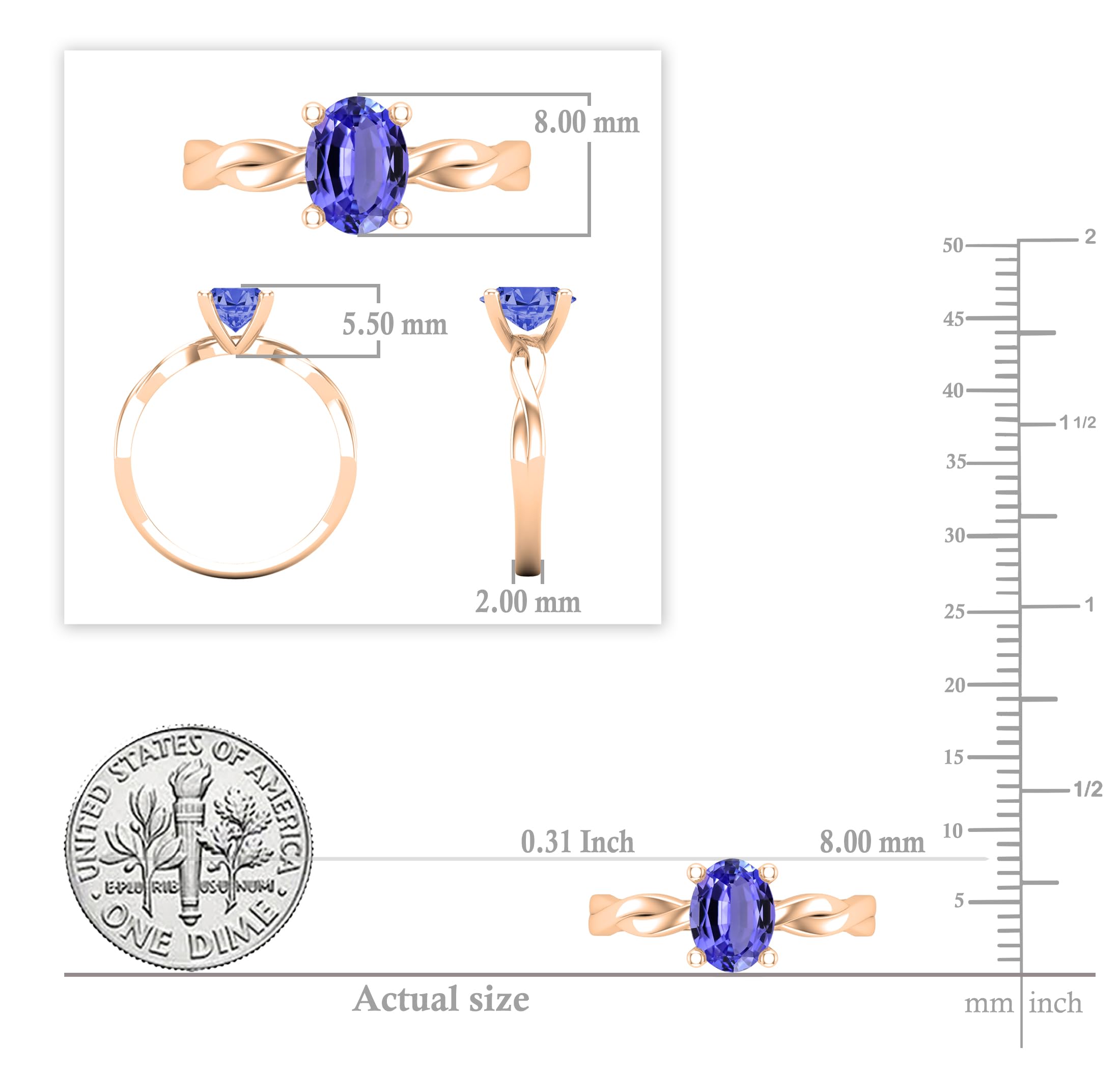 Dazzlingrock Collection Ovaler Tansanit-Solitär-Verlobungsring für Damen, 8 x 6 mm, aus massivem 18-karätigem Rotgold, Größe 5