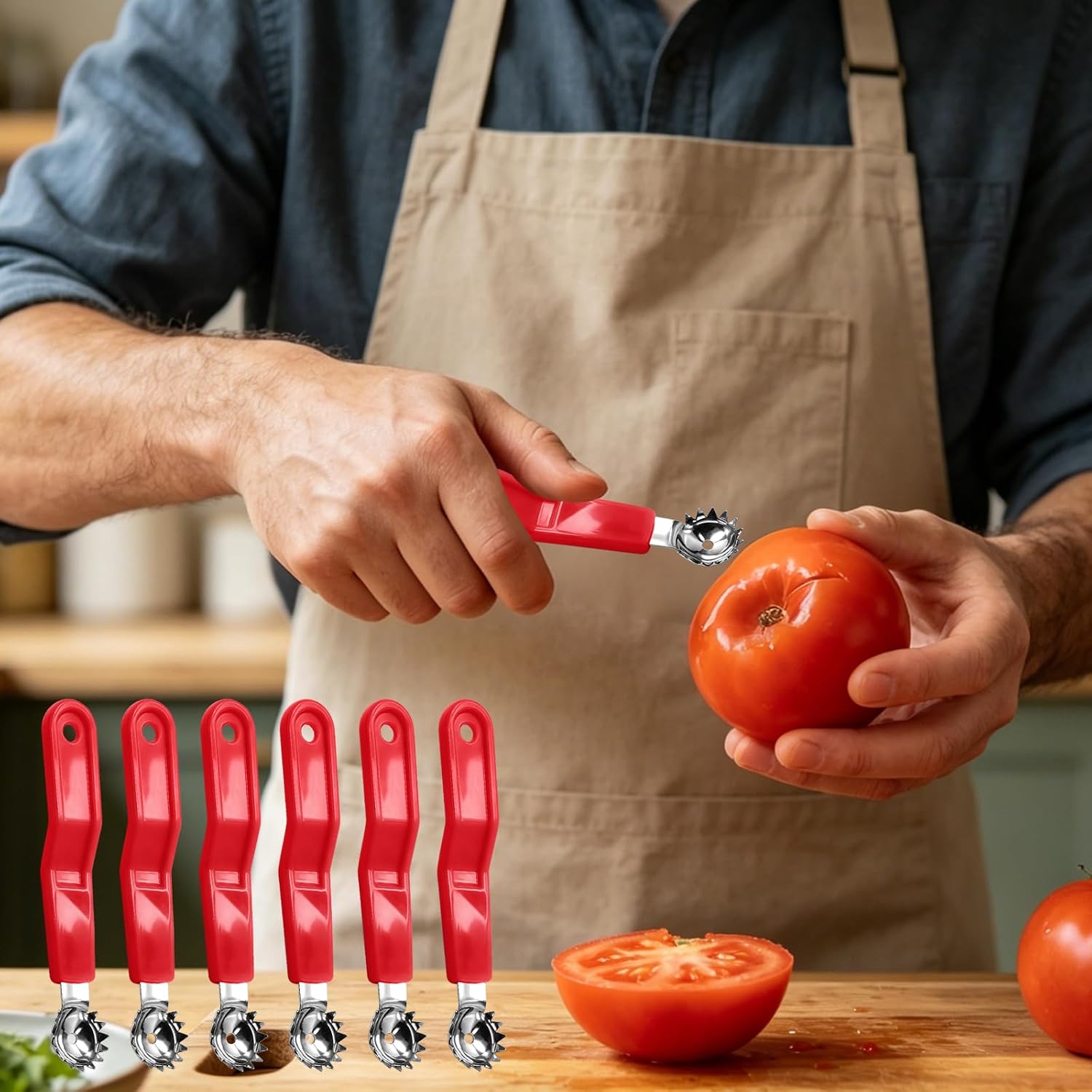 6Pcs Tomato Corer, Stainless Steel Strawberry Huller Tool, Serrated Fruit Stem Remover for Kitchen Gadgets, Vegetable Corer for Salad Dessert Prep, 11.5cm 4.3in with Hanging Hole