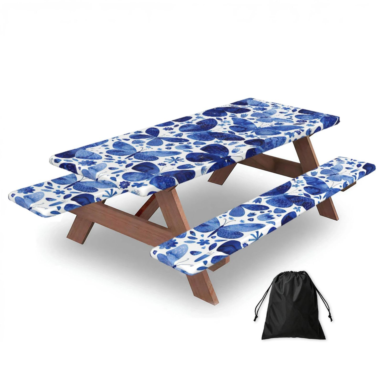 Yqxwjl Black Blue Butterflies Print Camping Essentials Waterproof Camping Table And Bench Cover With Drawstring Bag 183 Cm
