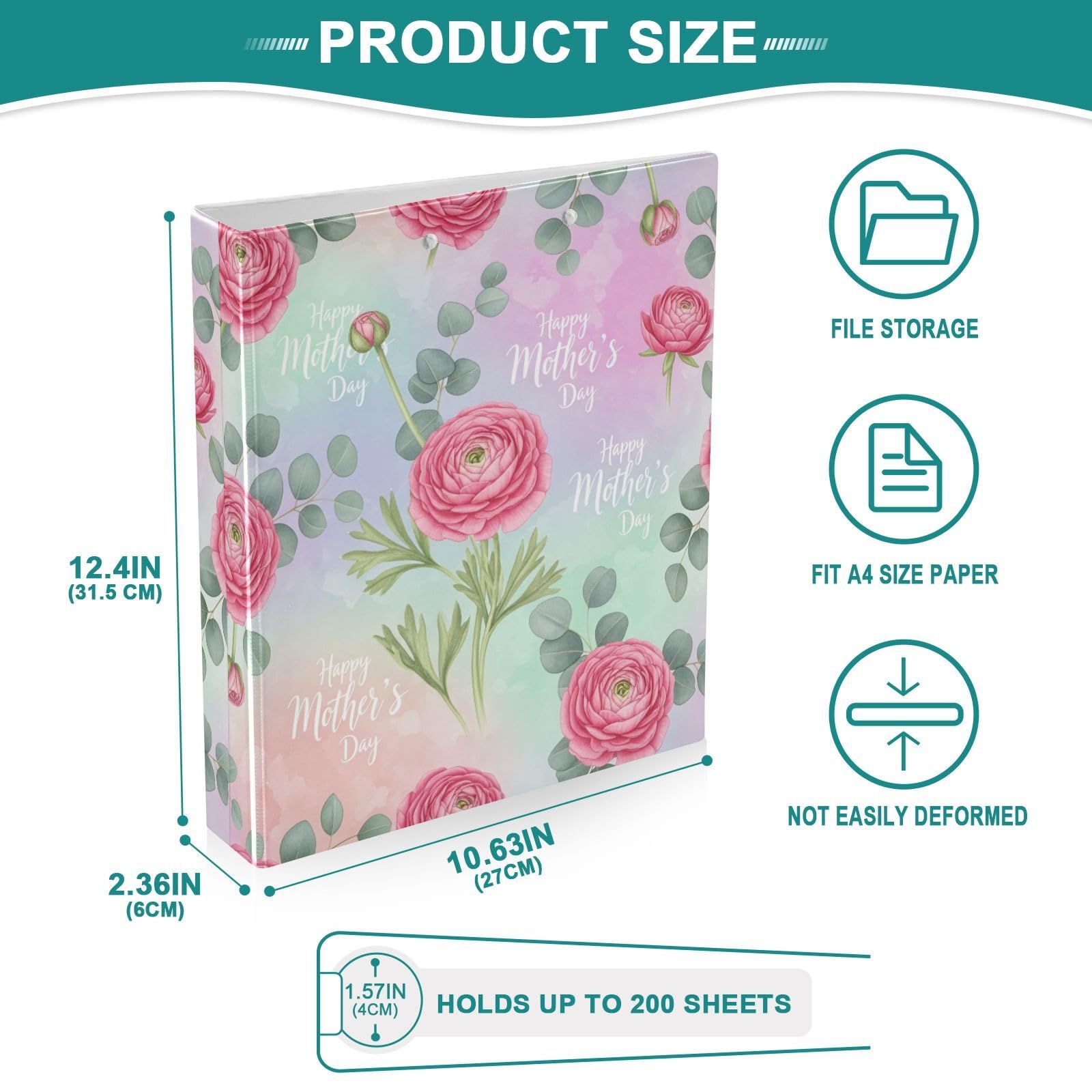 Raccoglitore a tre anelli con stampa floreale rosa da 3,8 cm, raccoglitore ad anelli con tasche, confezione da 2