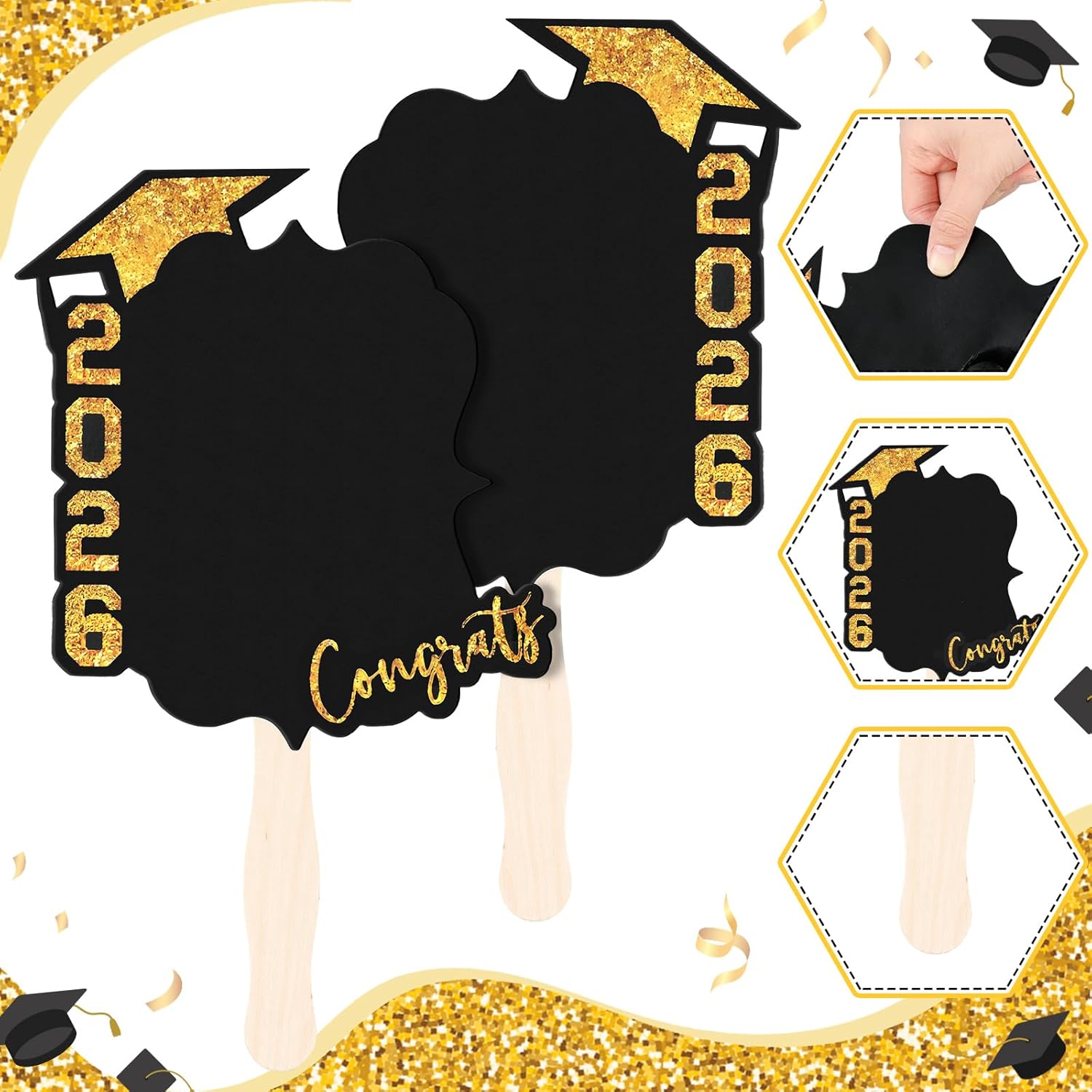 24 Pcs Personalized Graduation Fans Custom Photo Cutout Face Fans with Handle Double Sided Class of 2026 Grad Photo Props Grad Party Supplies Blank DIY Frame for Graduation Party Souvenirs (Gold)