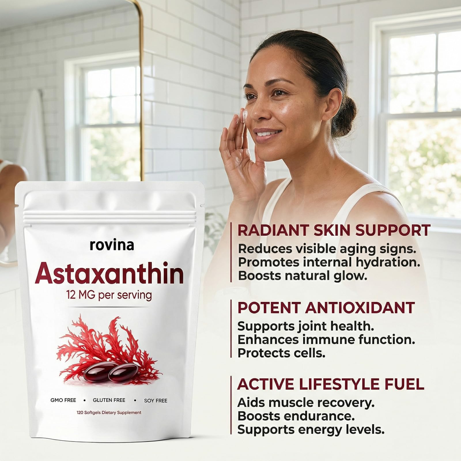 ROVINA Astaxanthin 12mg Softgels, Immune, Joint, Non-GMO, Vegan Friendly, 120 Softgels — Amazon image 3