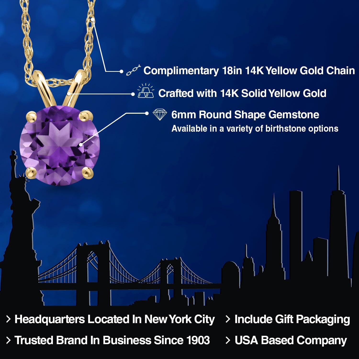 Gem Stone King 14K Yellow Gold Purple Amethyst Pendant Necklace for Women | 1.00 Cttw | Gemstone February Birthstone | Round 6MM | With 18 Inch Chain - Image 2