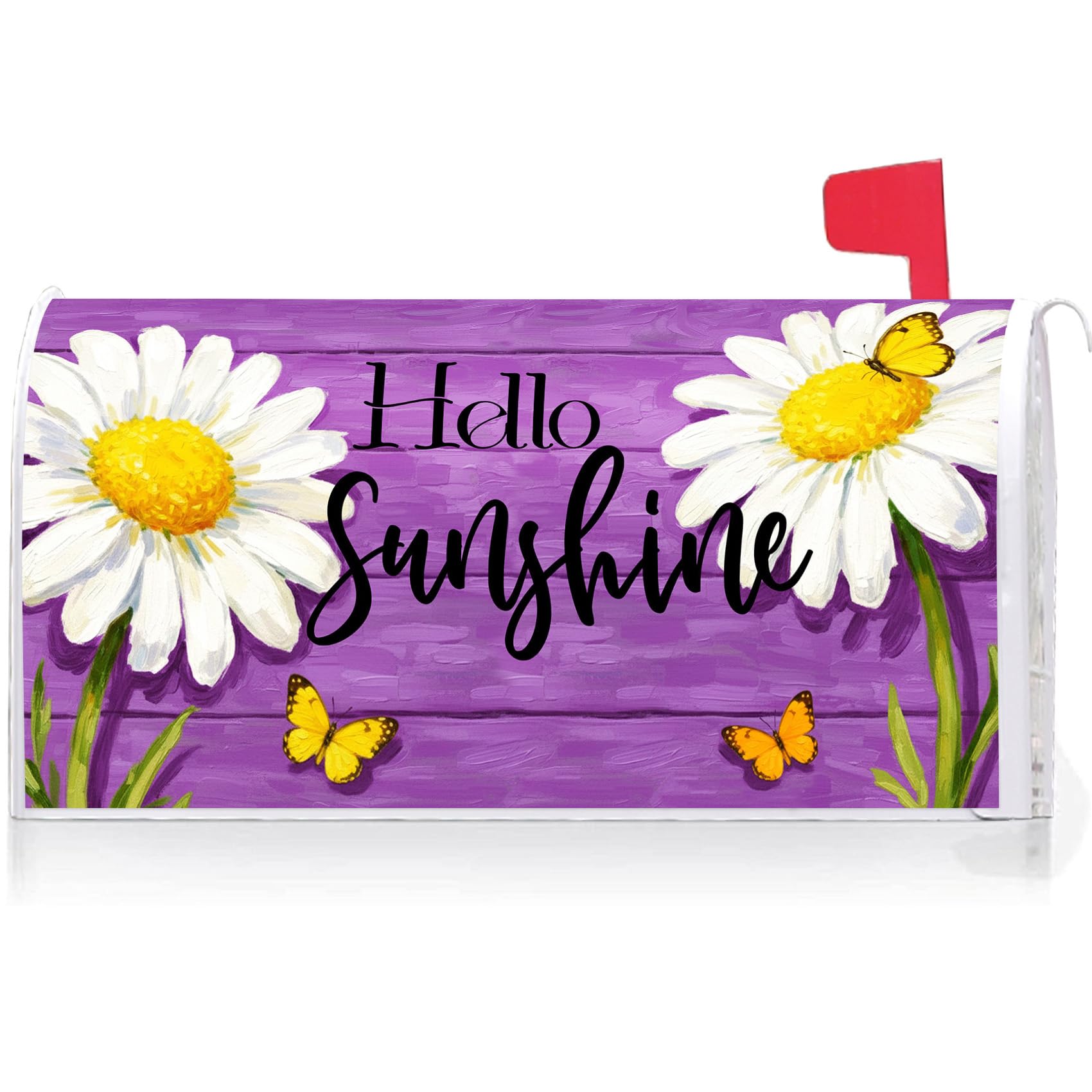 Texupday Hello Sunshine Daisy Floral Mailbox Cover with Magnetic Strip Rustic Spring Summer Daily Mailbox Wraps Post Letter Box Cover Standard Size 21" X 18" for Garden Outdoor Yard Decor (Purple)