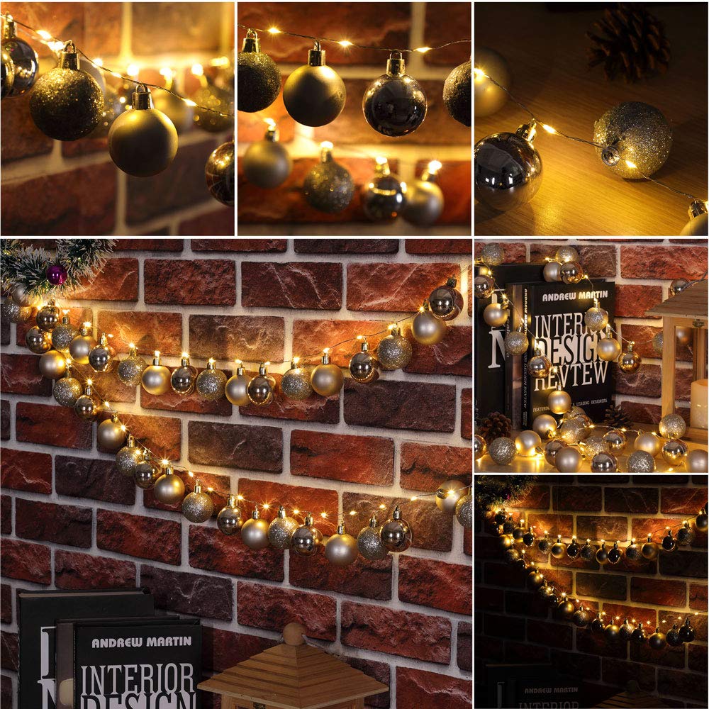 Casaria Catena Luminosa LED con Palline di Natale 2m a Batteria Timer 40 LED Interno Esterno 8 Effetti Champagne