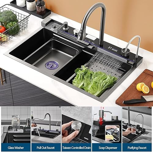 Miniatura 2 de Fregaderos de cocina de acero inoxidable para colocar debajo o encimera con canasta de drenaje, tabla de cortar, fregadero de verduras, juego de