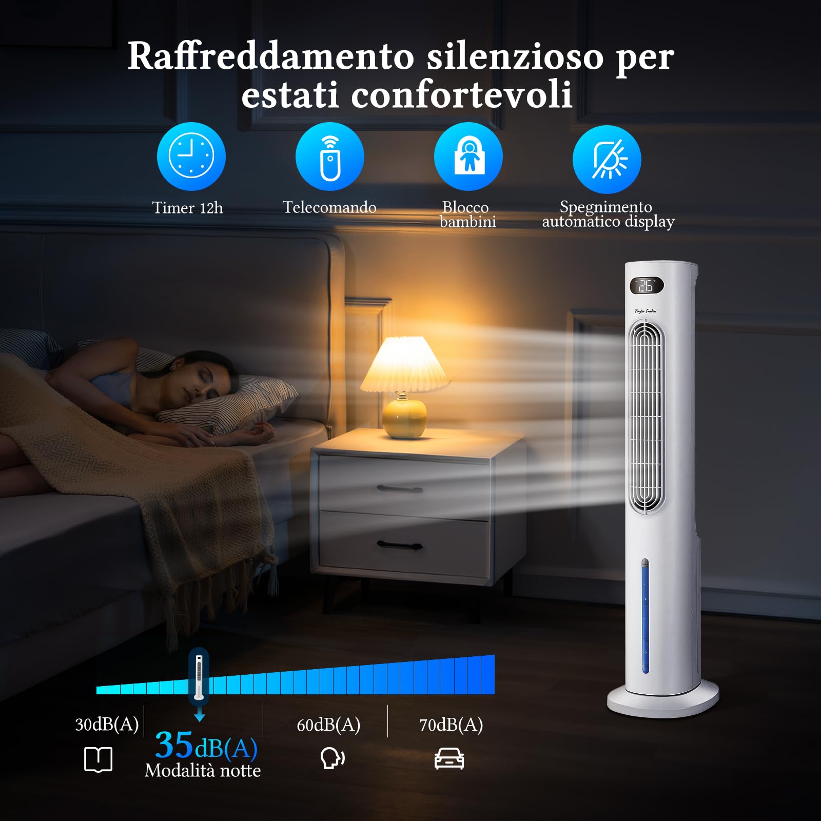 Taylor Swoden 3 in 1 grande raffrescatore d'aria portatile, Raffrescatore evaporativo silenzioso con serbatoio da 6 l, timer da 12 ore, 3 modalità, 3 velocità, telecomando, oscillazione, 95 W, Bianco