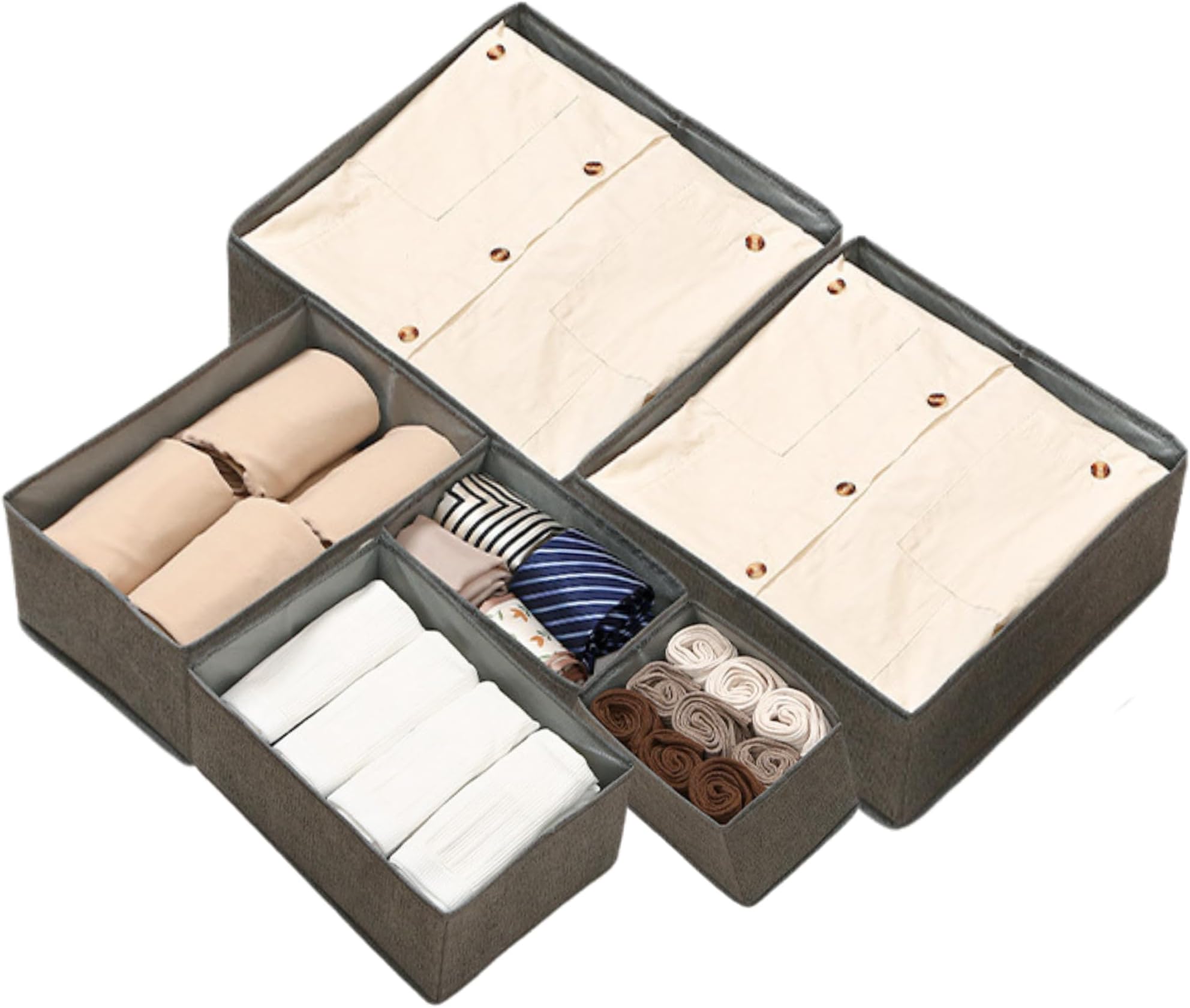 HMK 6pcs Foldable Fabric Clothes Storage Box Set - Modern Drawer Organizer for Underwear, Socks, Bras, Sweaters, Wardrobe, Bedroom, Non-Woven Stackable Storage Solution for Tidy Home