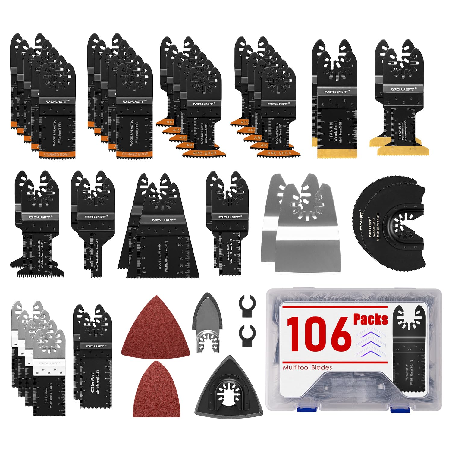 Adust Paquete de 106 hojas de sierra oscilantes con funda, cuchillas universales multiherramienta, hoja de herramienta oscilante, borde de arco, extra largo, titanio, bimetálico para madera, metal y