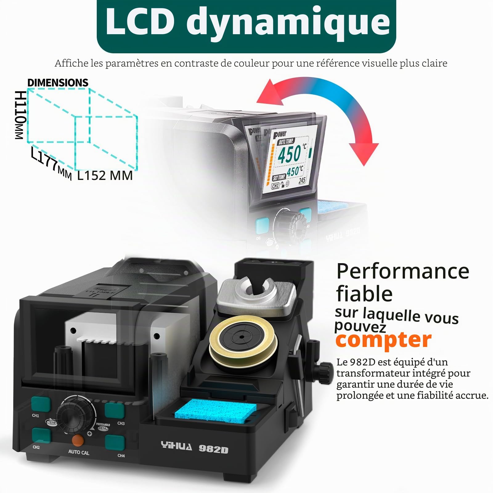 YIHUA 982D Station de soudage de précision avec 3 pointes de fer à souder C210 et 3 pointes de soudure C245, fil de soudure sans plomb, calibration automatique de la température, écran couleur