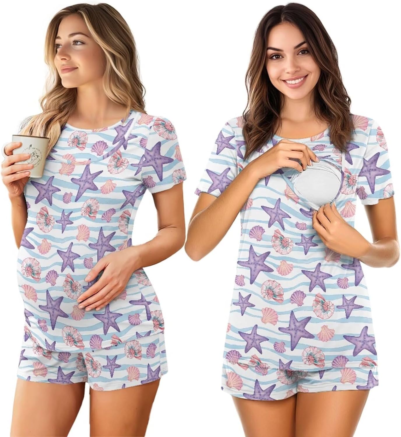 Women Maternity Nursing Pajama Set, Soft Double Layer Pregnancy PJS for Summer S-2XL