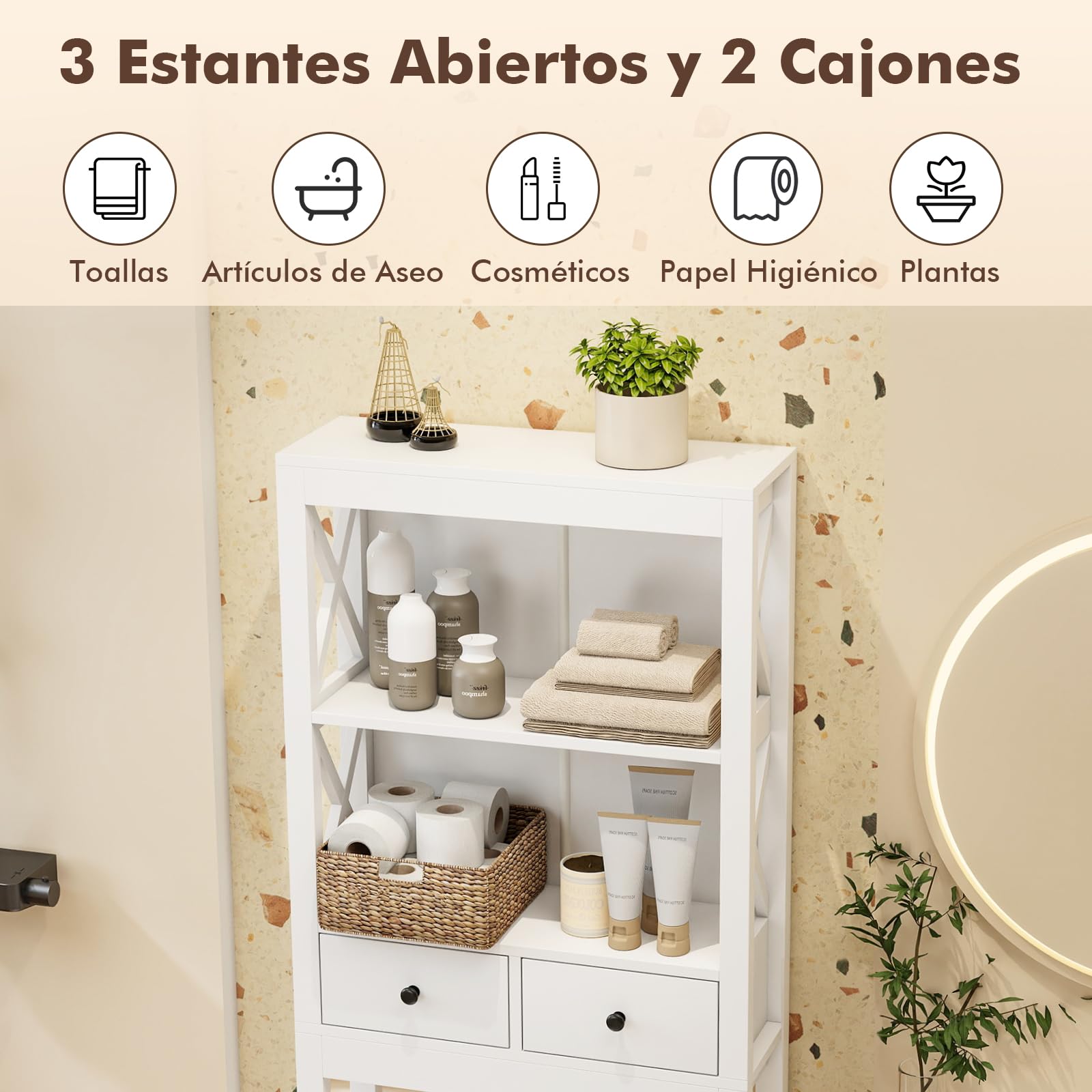 COSTWAY Estante de Almacenamiento sobre Inodoro, Organizador de Baño Independiente con Estantes Abiertos, Cajones y Barra Inferior Ajustable, 60 x 20,5 x 165 cm, Blanco