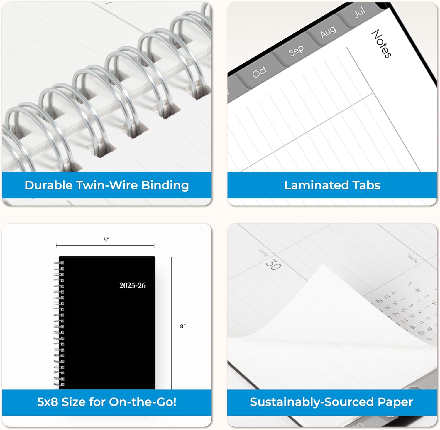 Four images showing planner features: durable twin-wire binding, laminated tabs, 5x8 size, and sustainably-sourced paper.