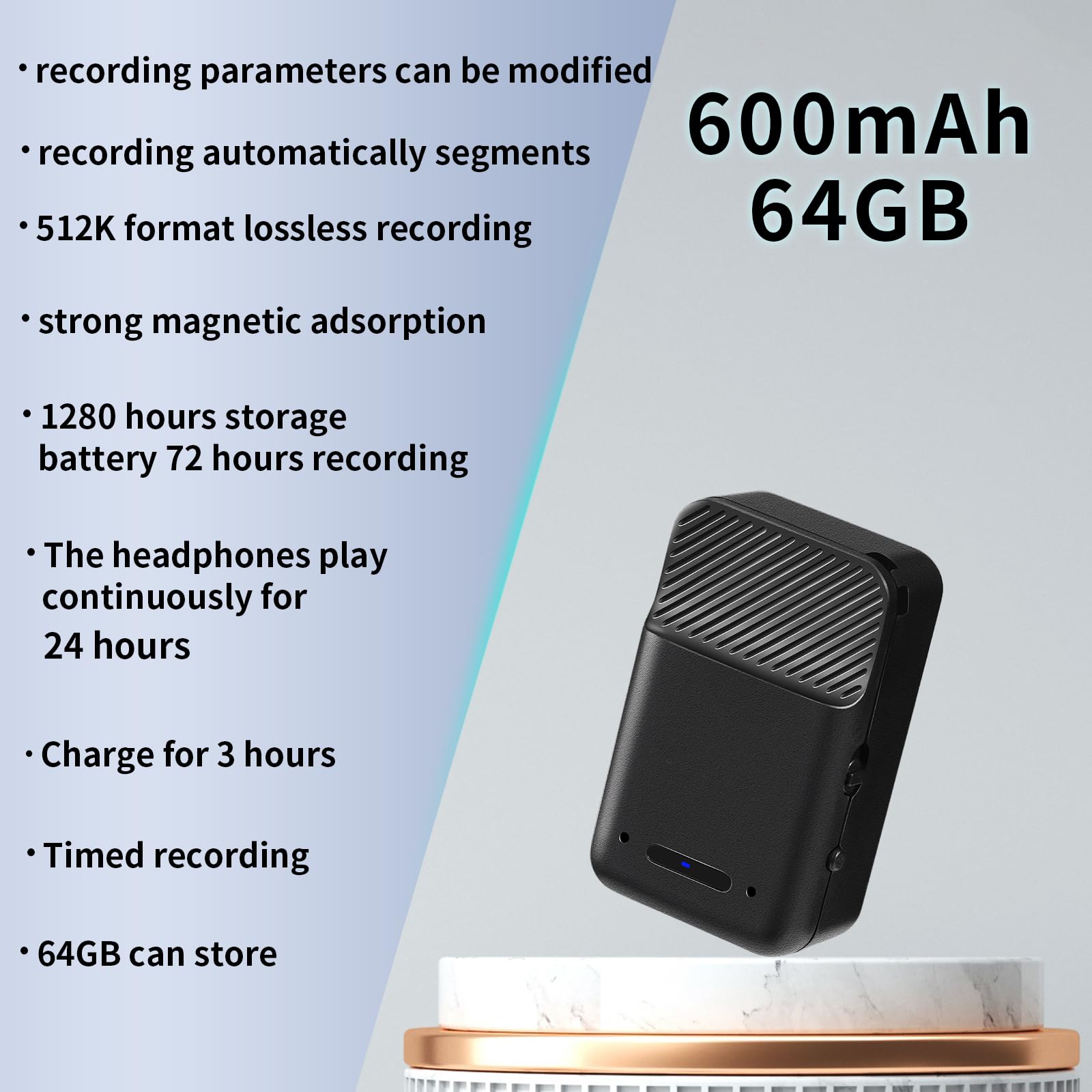 Mini registratore vocale: grande memoria da 64 GB, registrazione attivata vocale, durata della batteria di 72 ore, design ultraportatile, microfono con cancellazione del rumore, ideale per