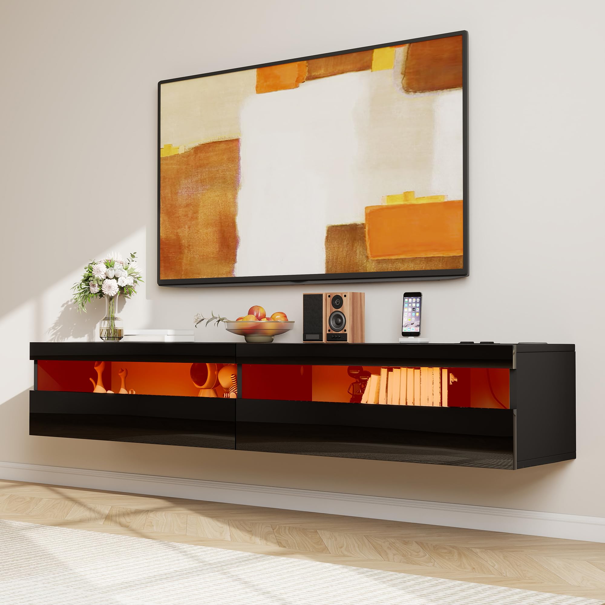 Winlice 180cm Floating TV Stand with LED Lights & Power Socket, High Gloss Modern Media Unit with Storage 71", Wall Mounted TV Cabinet for 65/75/80 inch TVs,Black